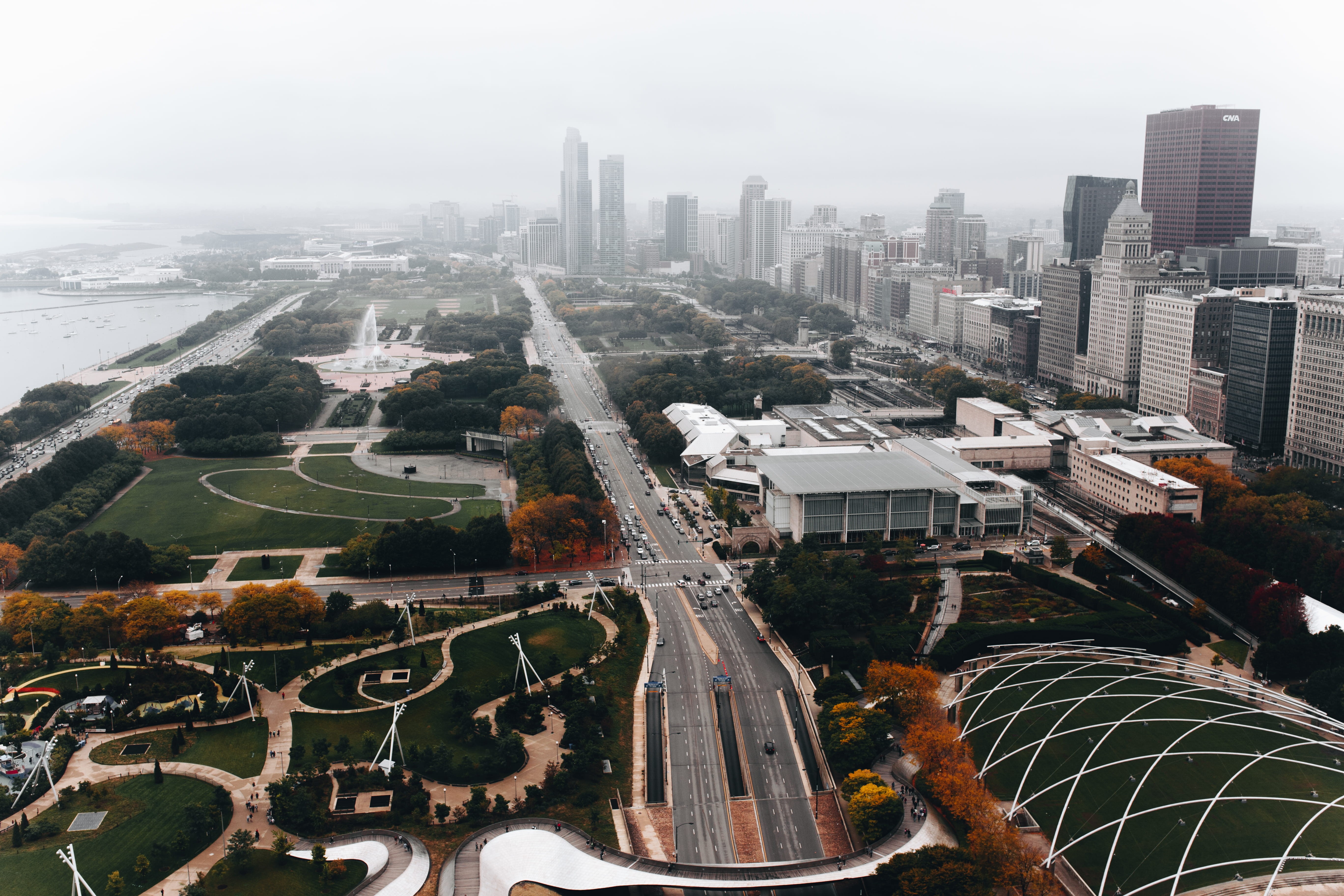no people, city, nature, skyscraper, mist, illinois, sky, fog, trees, street, built structure, building exterior, water, millennium park, downtown, park, HD Wallpaper