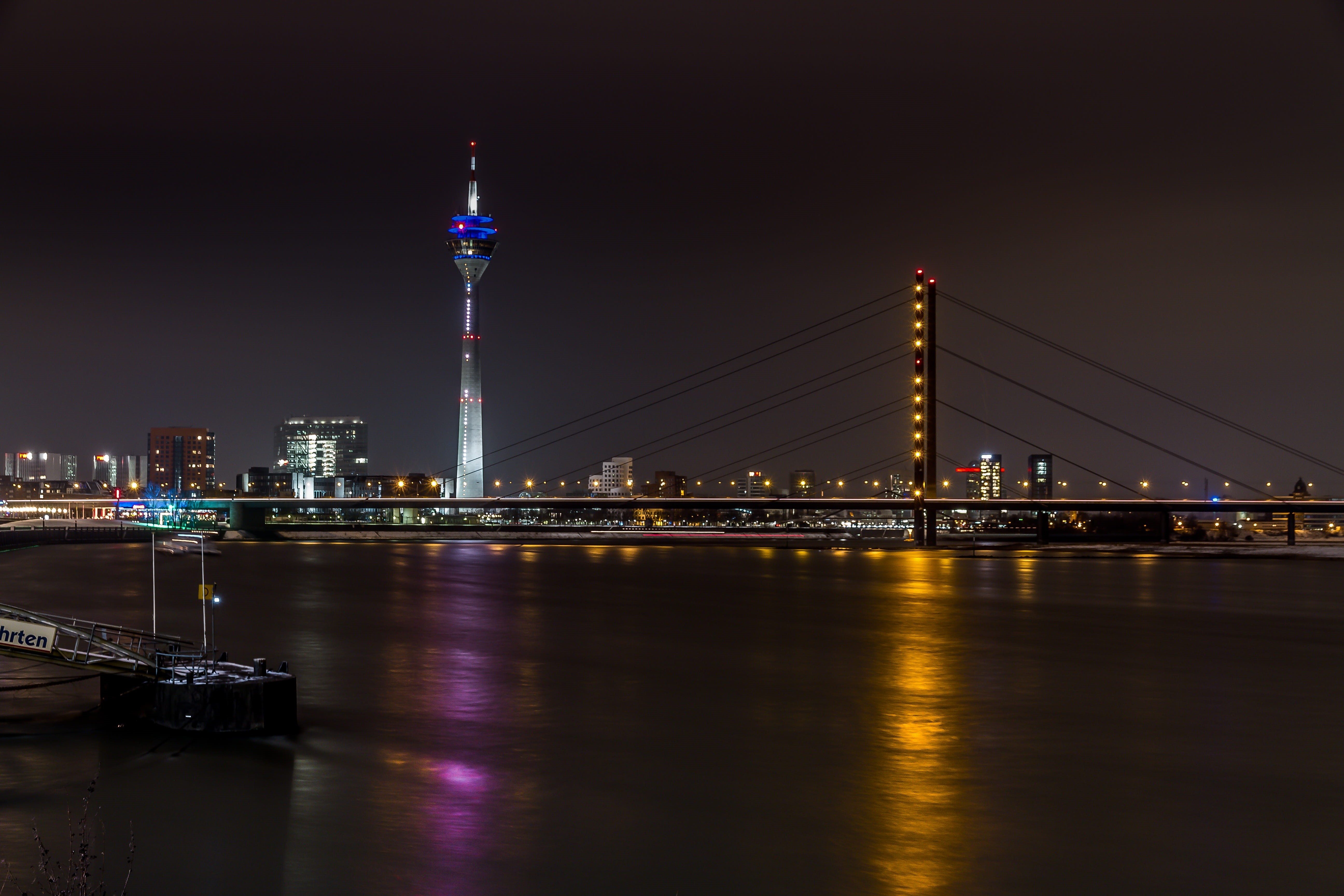 outdoors, night, night shots, office building exterior, cities, building exterior, sky, built structure, travel destinations, river, north rhine westphalia, HD Wallpaper