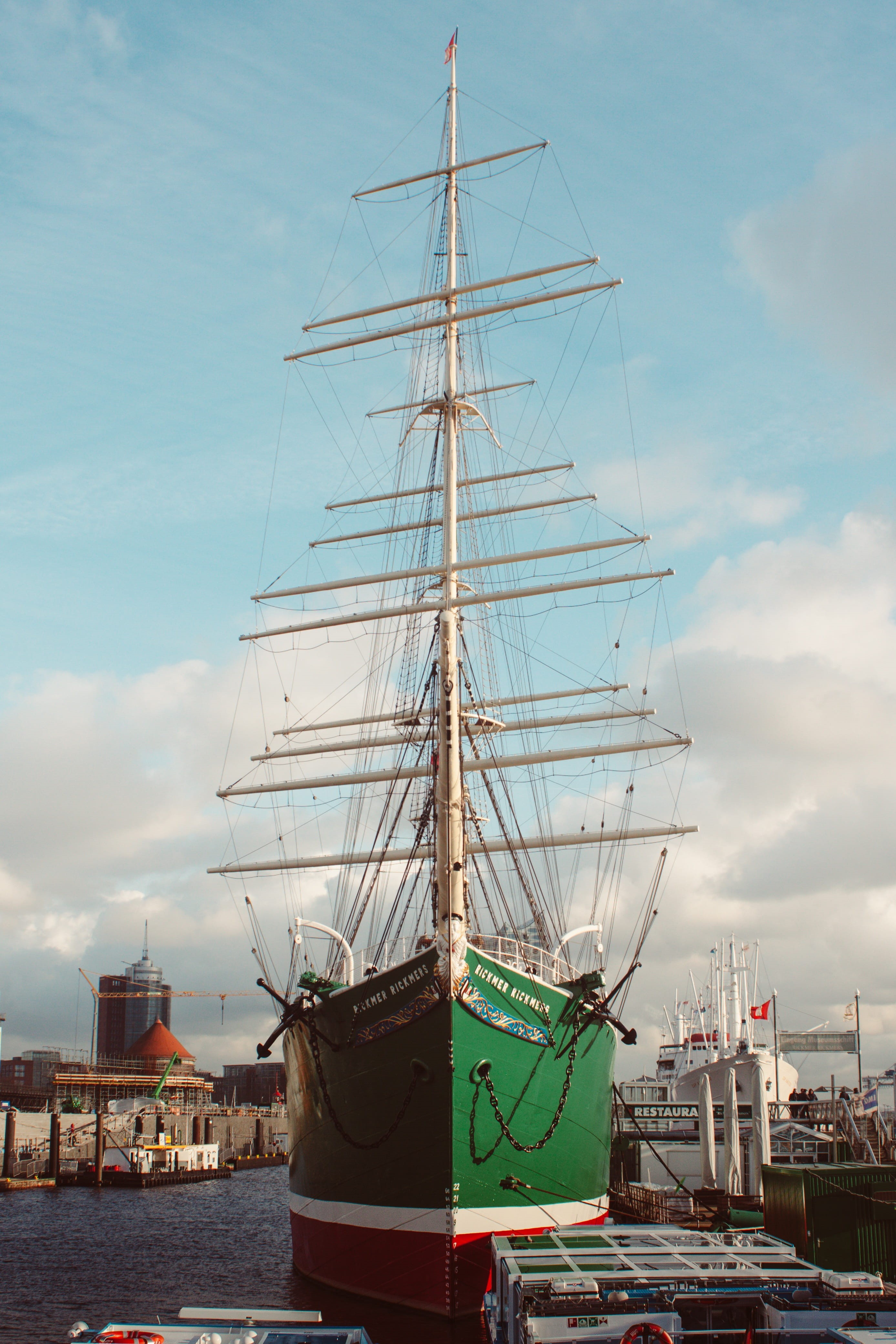 ship, transportation, travel, river, building exterior, moored, no people, elbe, harbor, sailing vessel, city, sailboat, pole, architecture, sea, boat, Phone HD Wallpaper