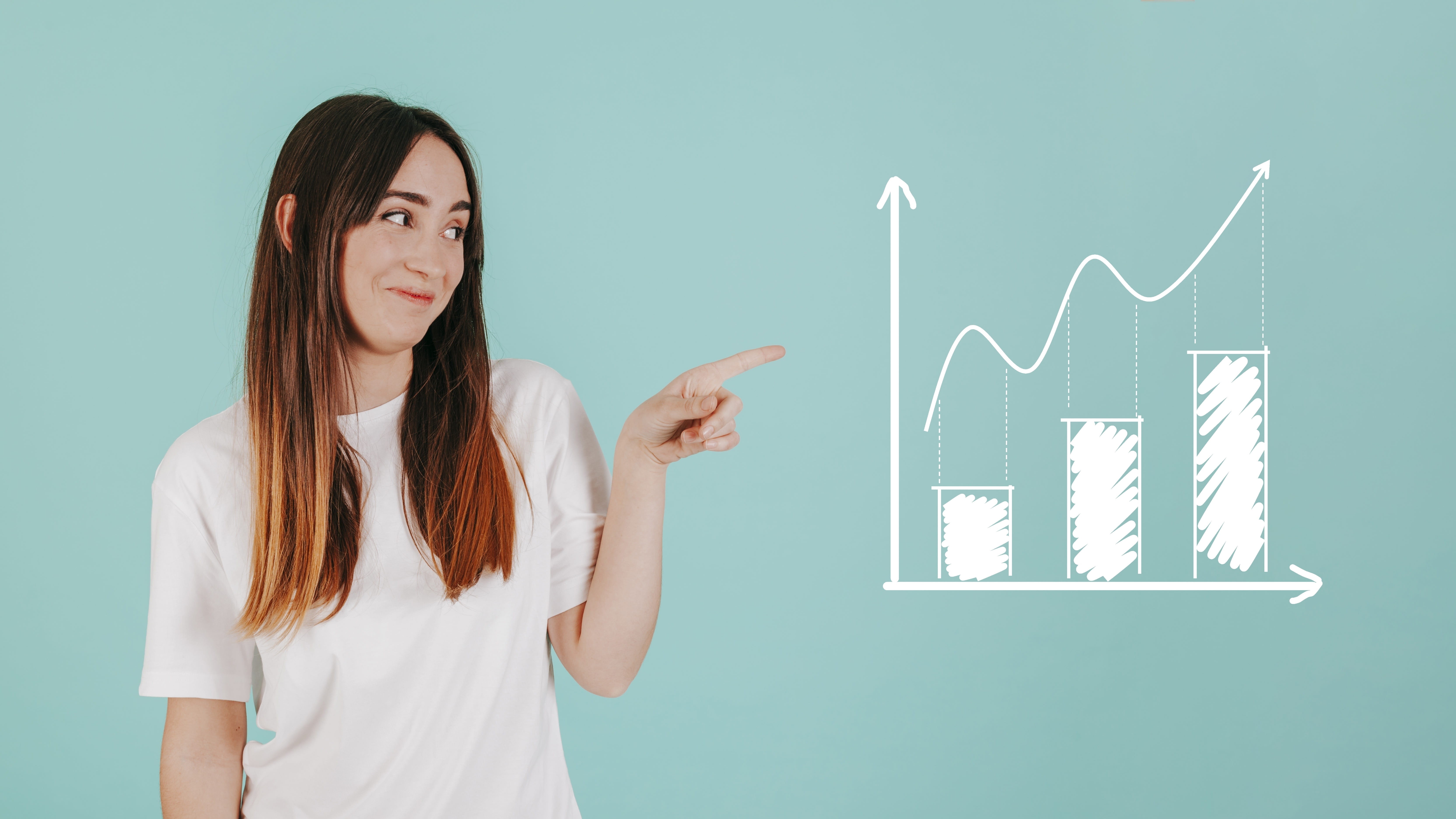 pointing, hair, young adult, financial, studio shot, diagram, women, long hair, finance, front view, bar, standing, indoors, graph, 5K, growth, one person, HD Wallpaper