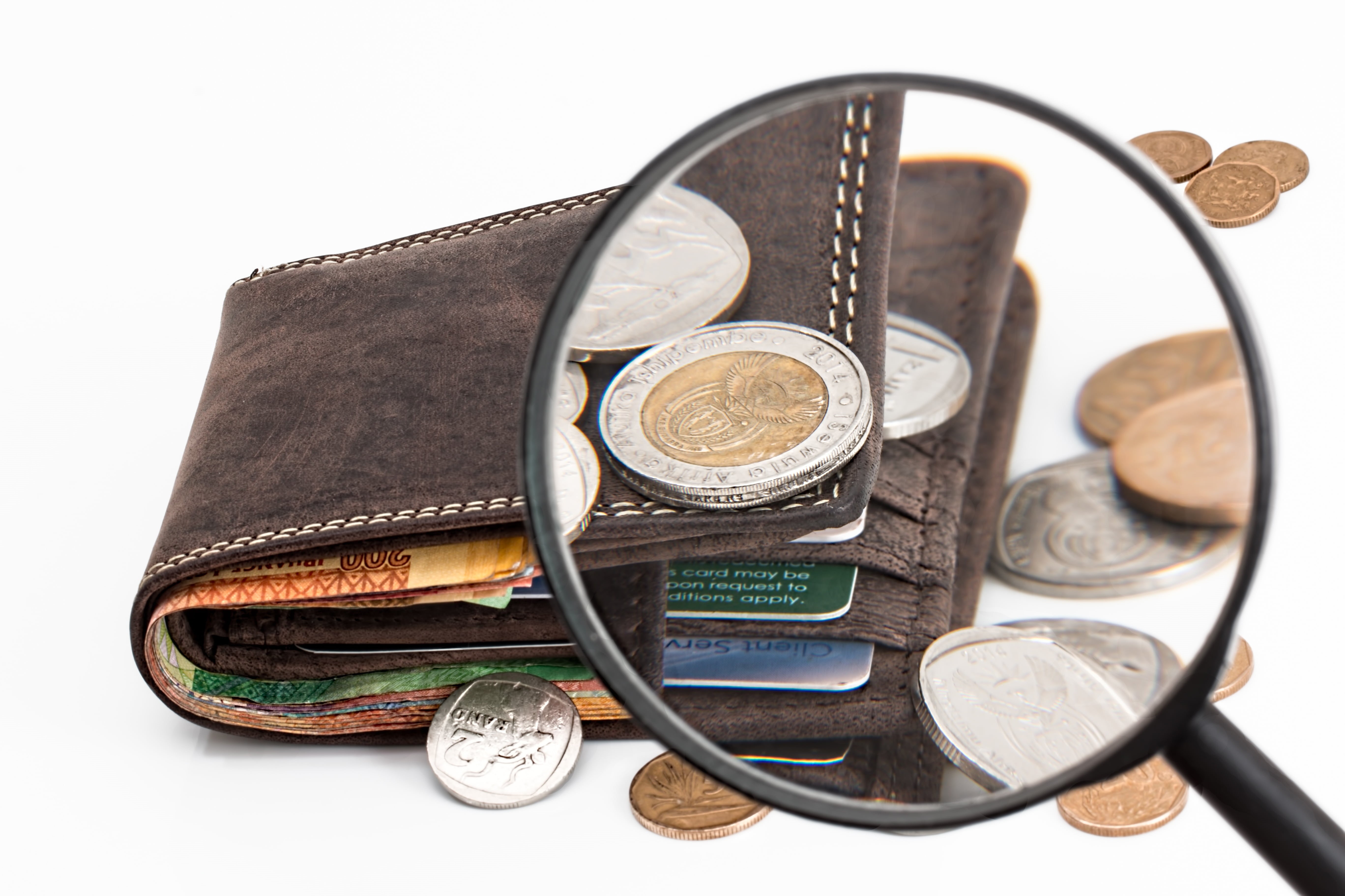 black, commerce, leather, economy, banknote, coin, magnifying glass, fold, increase, banking, white background, glass, business, credit card, savings, currency, HD Wallpaper