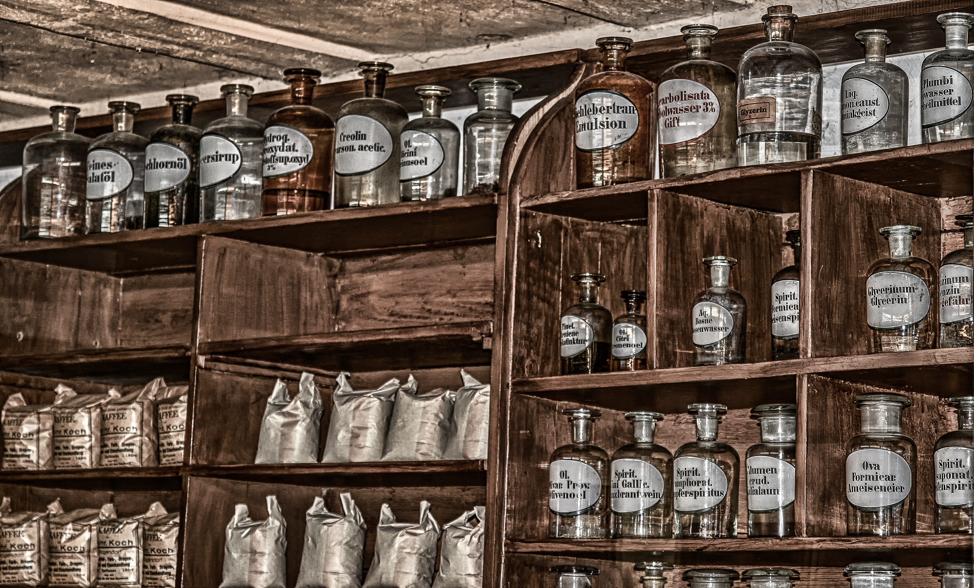 glass bottles, bottle, container, old, bags, shelf, abundance, drug, antique, chemicals, lot, refreshment, bottles, no people, stock, large group of objects, HD Wallpaper