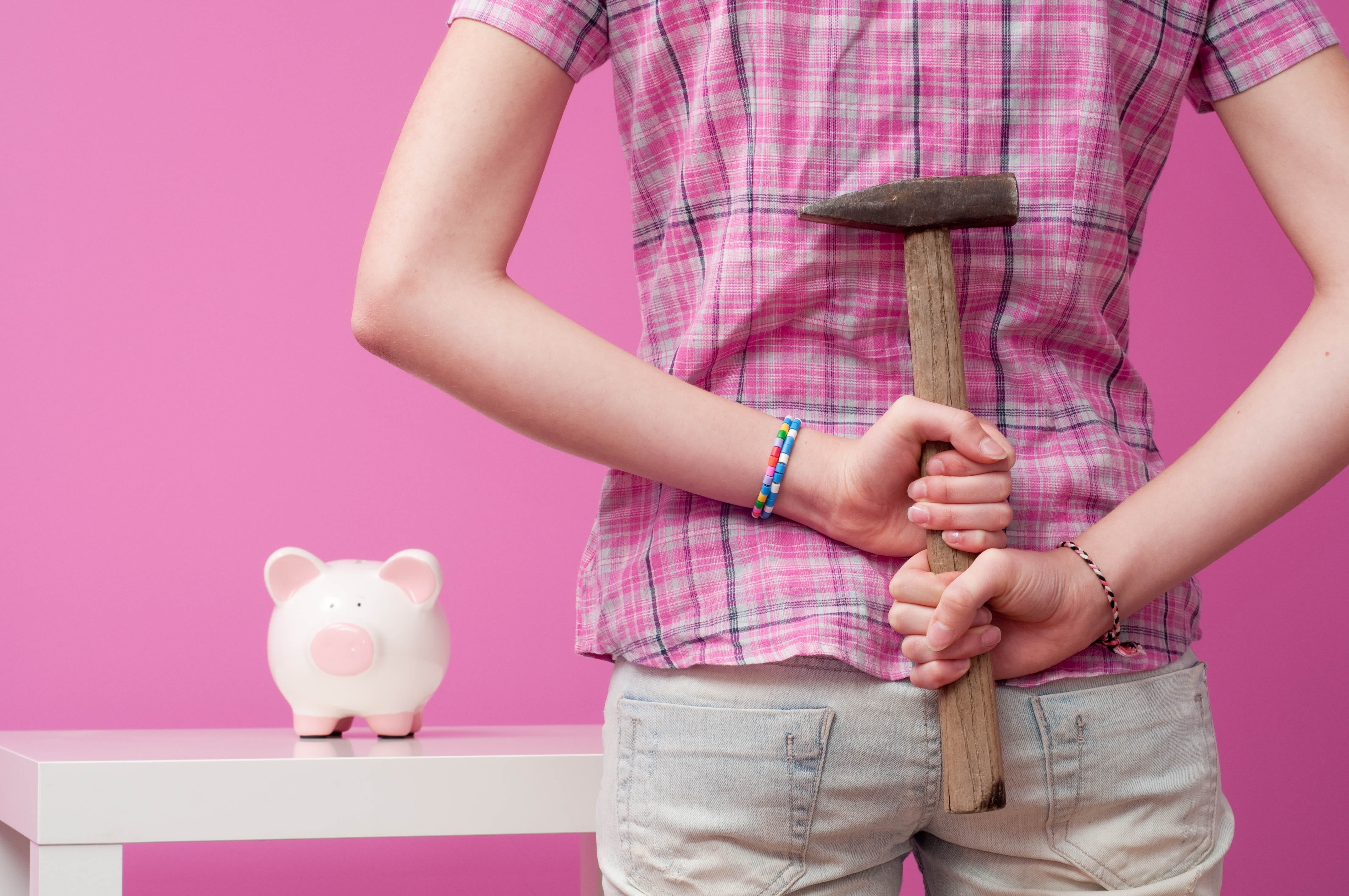 wealth, indoors, midsection, investment, standing, childhood, pink, money-box, business, savings, coin Bank, coin, studio Shot, hammer, pig, piggy Bank, HD Wallpaper