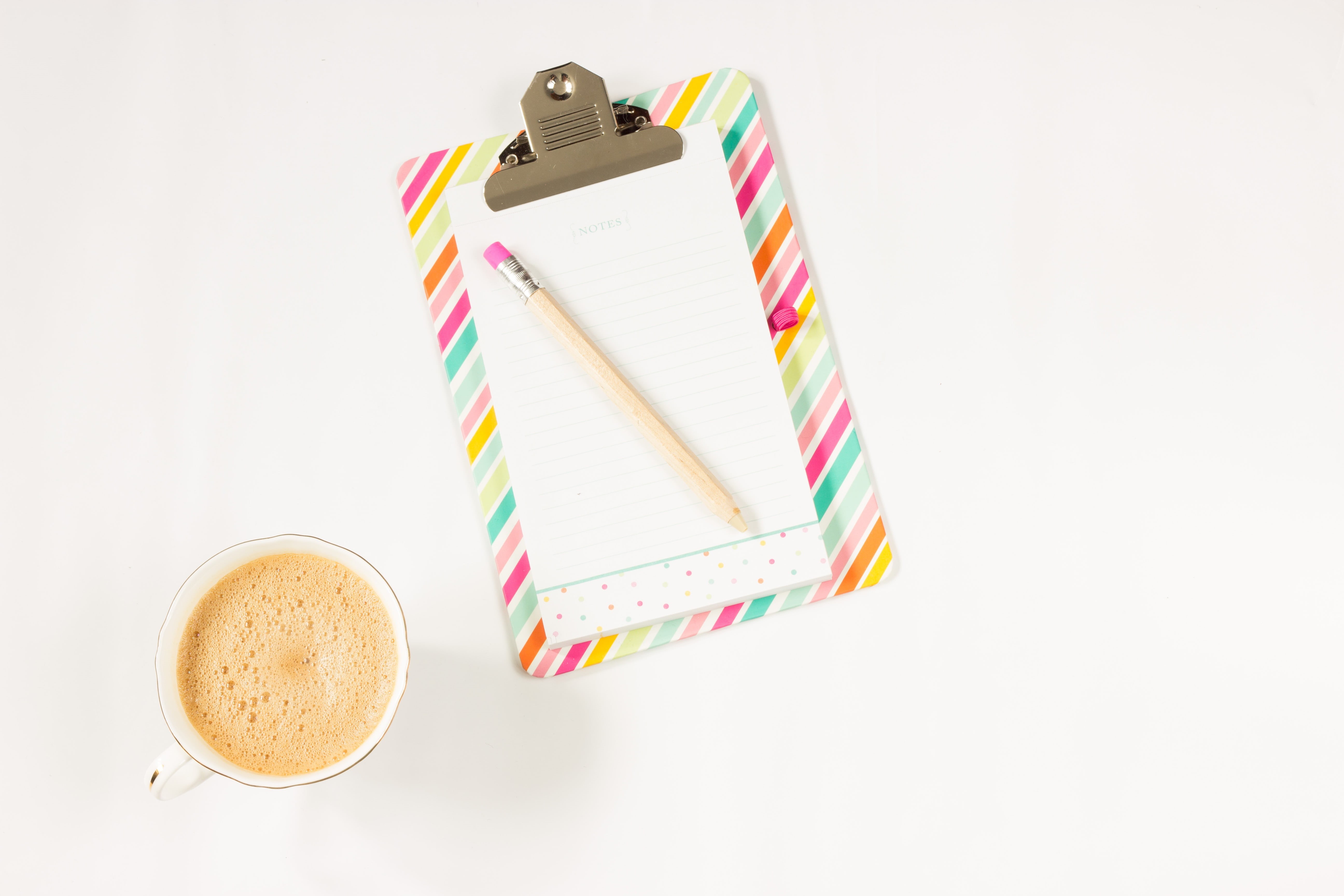 office, blank, clipboard, drink, pencil, communication, note pad, top, 5K, coffee, still life, notebook, view, coffee - drink, white background, non-alcoholic beverage, HD Wallpaper