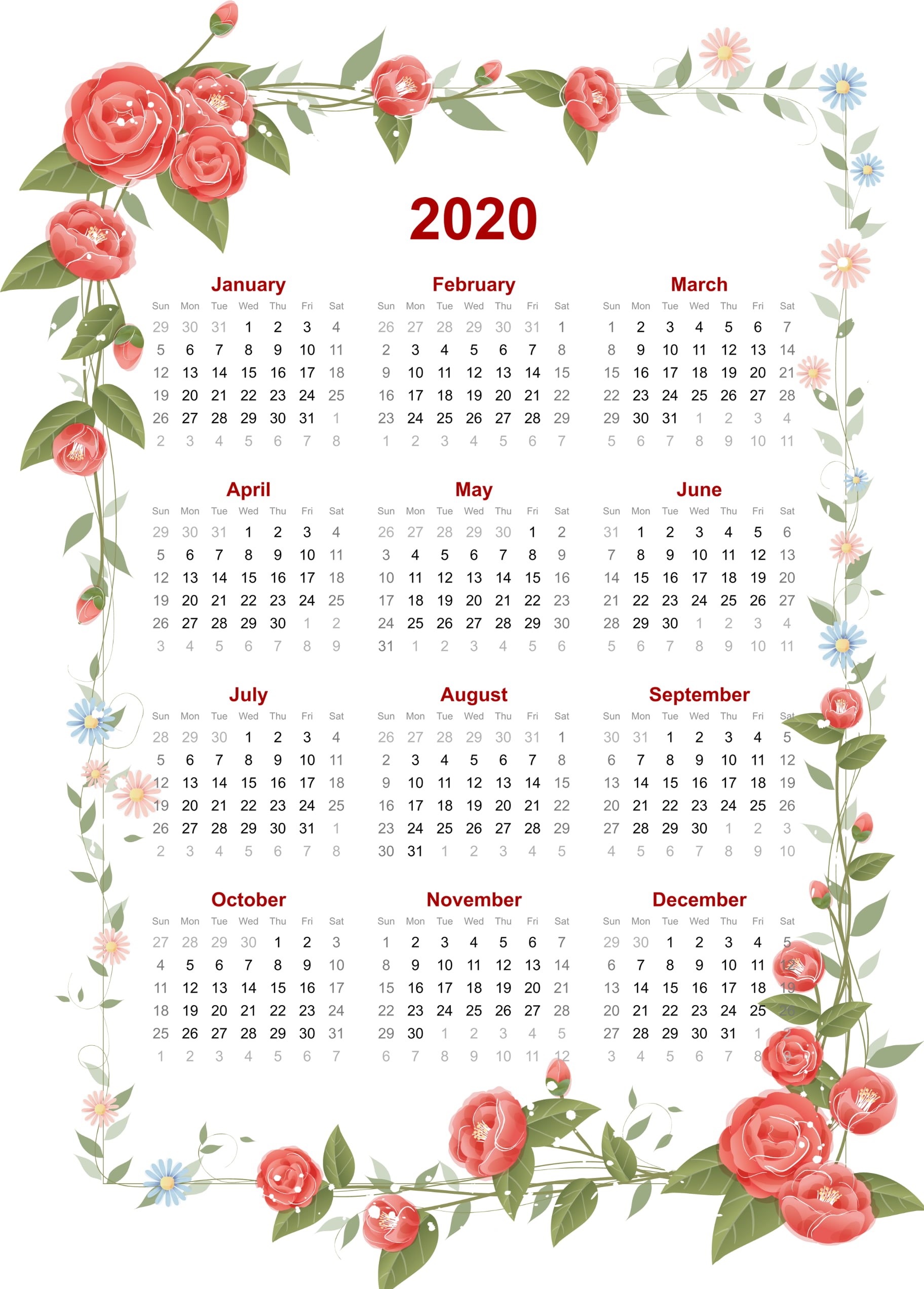 1080P, 2020 (Year), portrait display, white background, frame, calendar, Phone HD Wallpaper