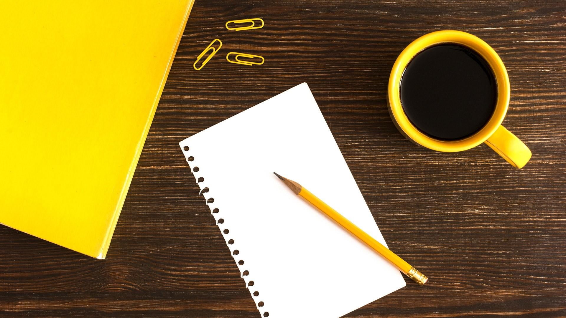pencil, notes, cup, 1080P, folder, drink, office, work, coffee - drink, table, no people, yellow, clips, indoors, wood - material, sheet, publication, HD Wallpaper