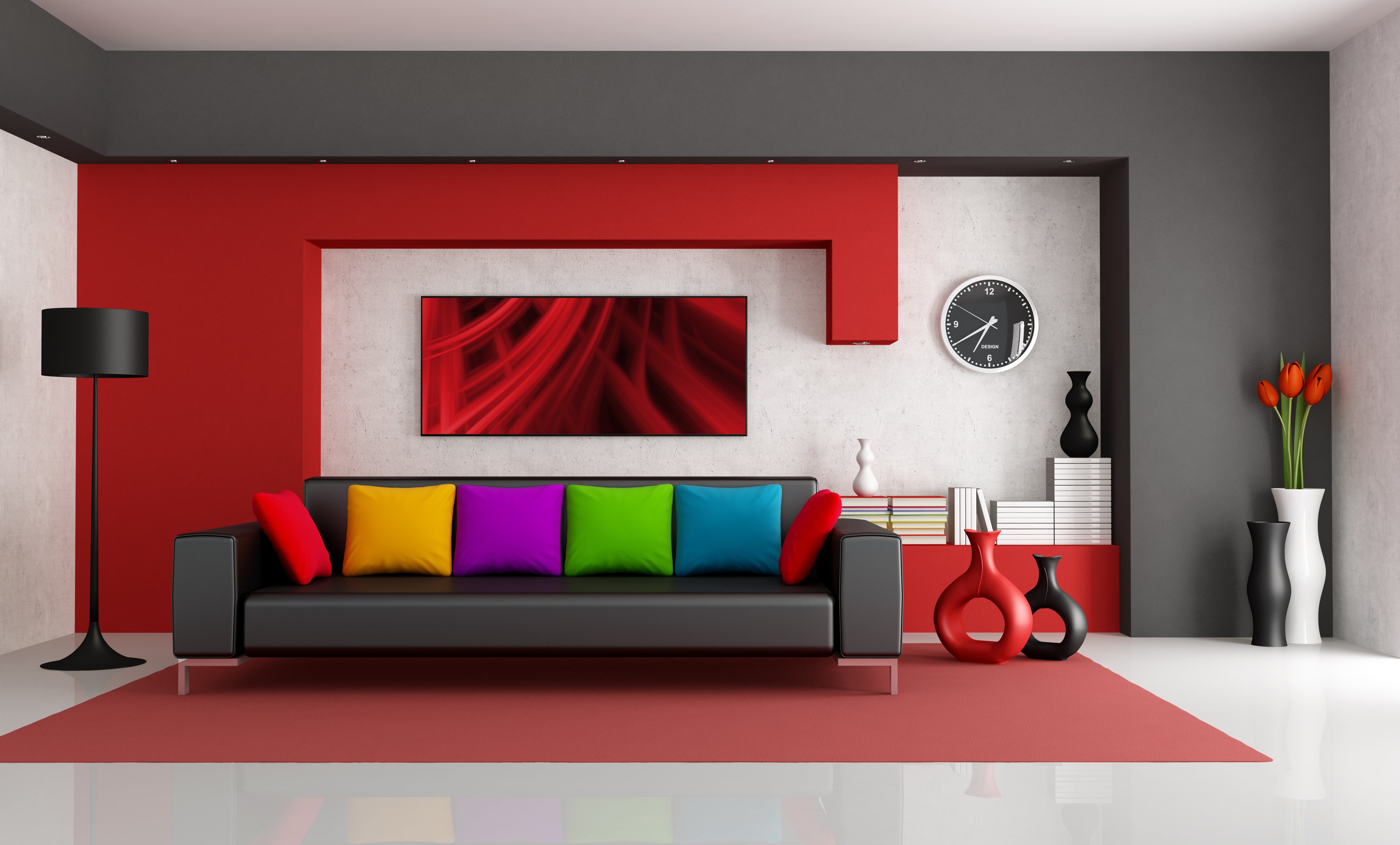 electric Lamp, architecture, home Interior, pillows, comfortable, flooring, elegance, throw, red, pillow, couch, decor, flowers, apartment, lounge, room, HD Wallpaper