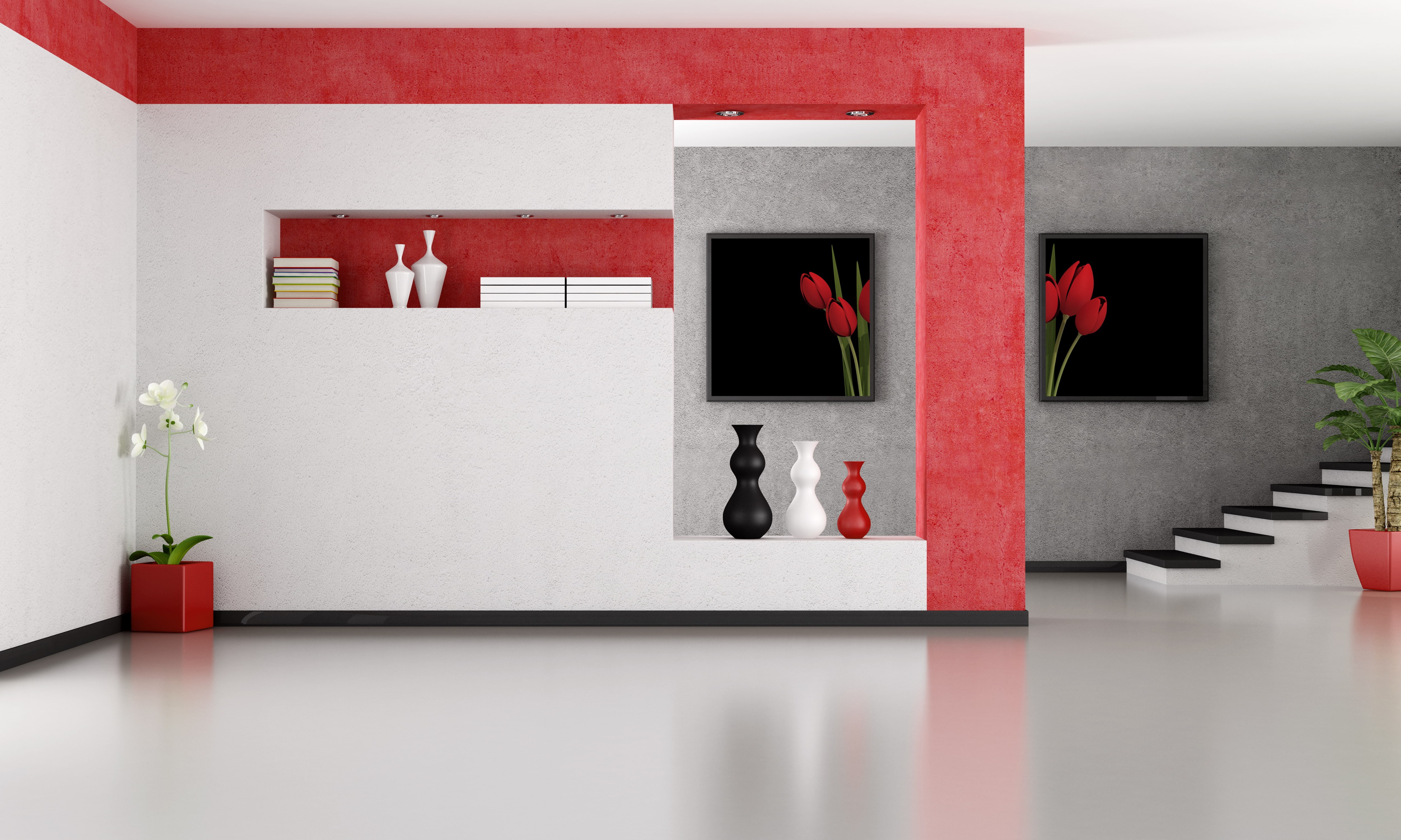 furniture, red, fireplace, built structure, wall - Building Feature, 4K, decoration, shelf, potted plant, flowering plant, modern, architecture And Buildings, HD Wallpaper