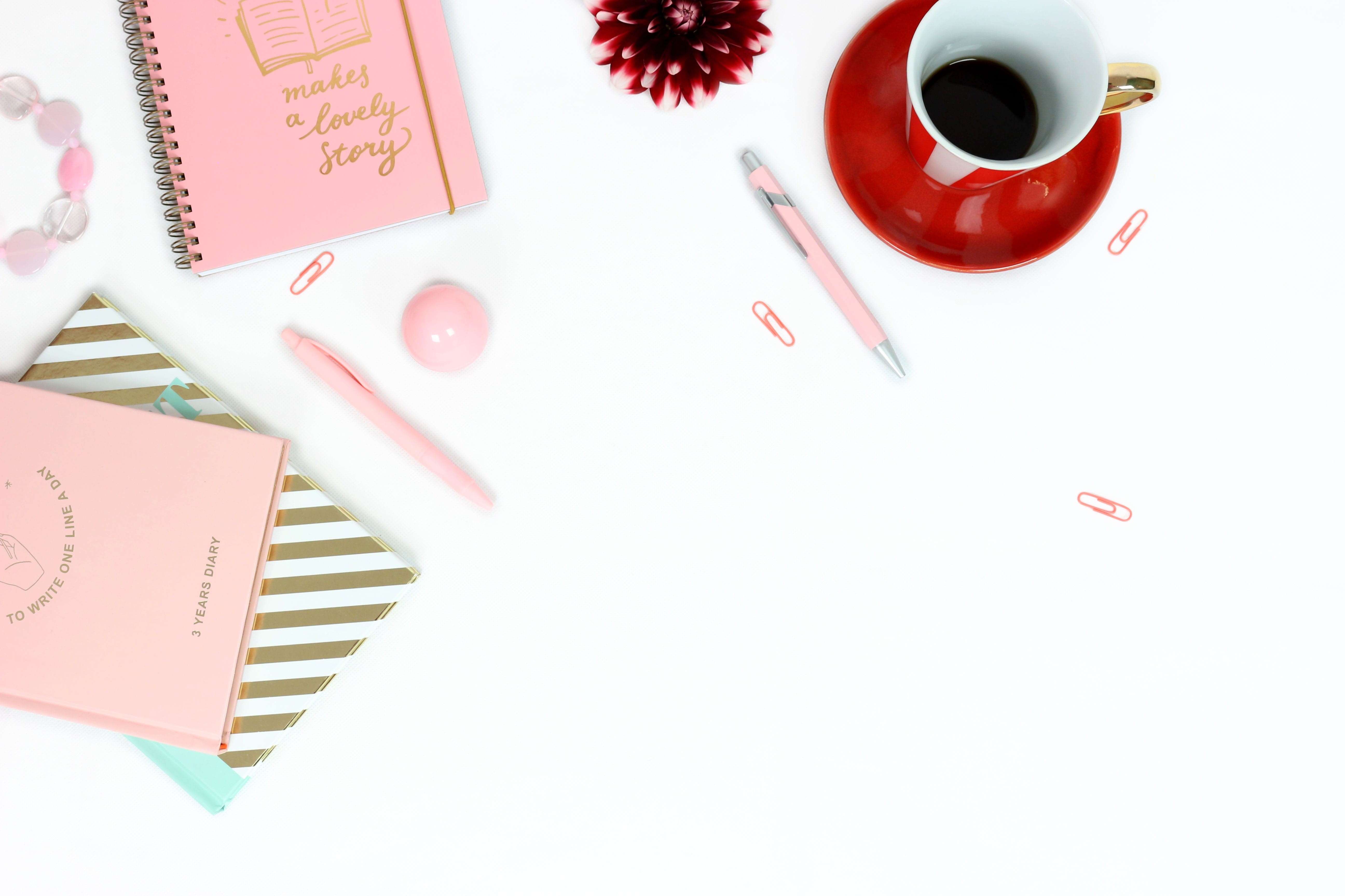 pretty, purple, diary, copy space, directly above, document, indoors, coffee - drink, red cup of coffee, 5K, notebook, white background, leave, drink, HD Wallpaper