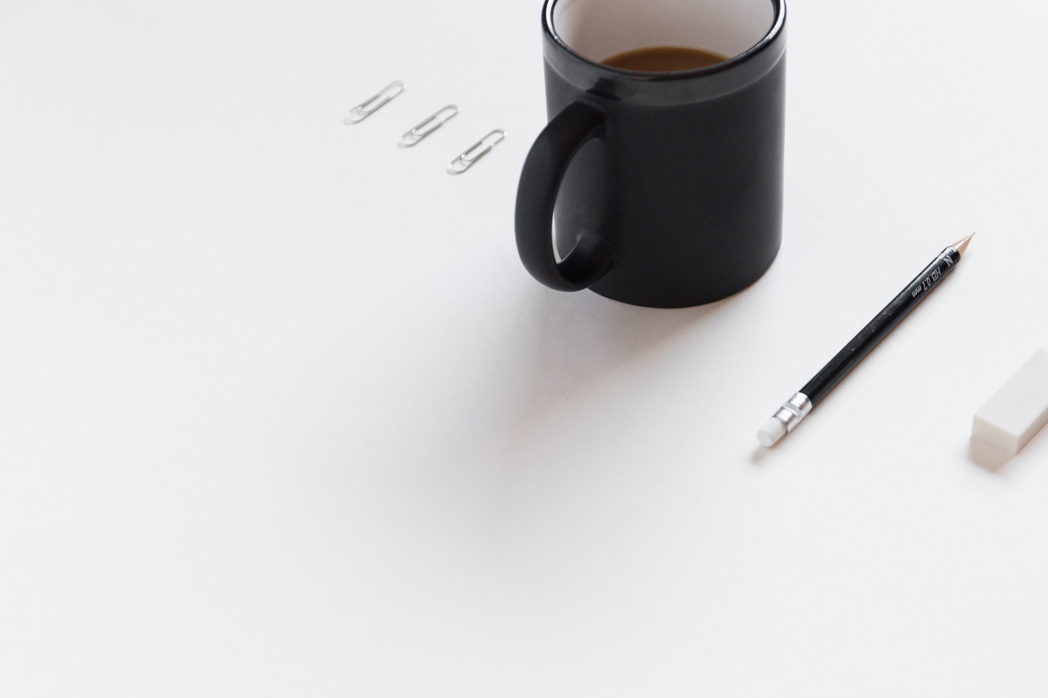 paperclip, note pad, three, still life, cup, high angle view, beside, business, eraser, paper, flatlay, copy space, clips, nib, pen, 2K, office, refreshment, HD Wallpaper