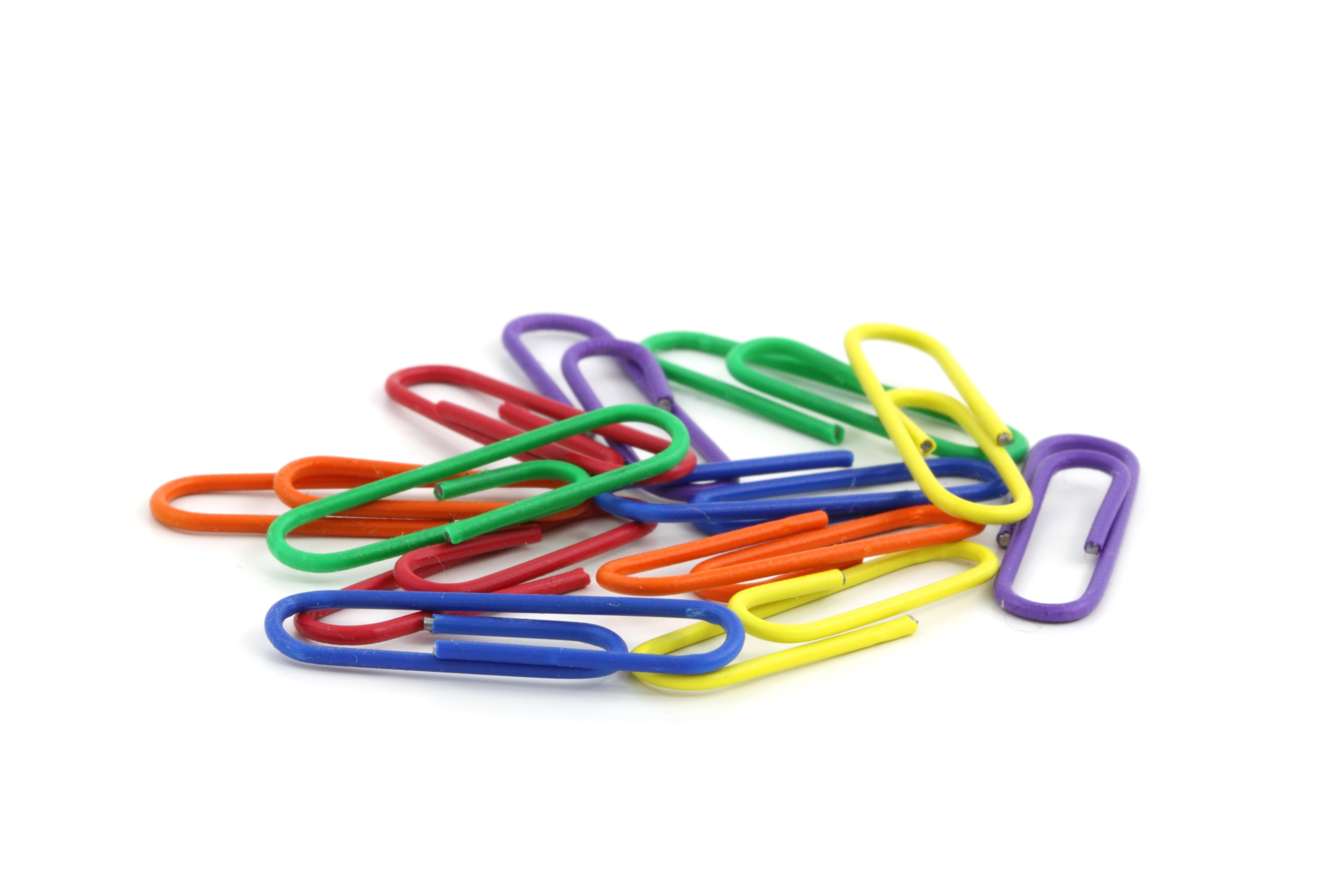 paper clip, paper, isolated, 4K, white background, hold, copy space, close-up, large group of objects, supplies, multi colored, paperclips, choice, white, HD Wallpaper