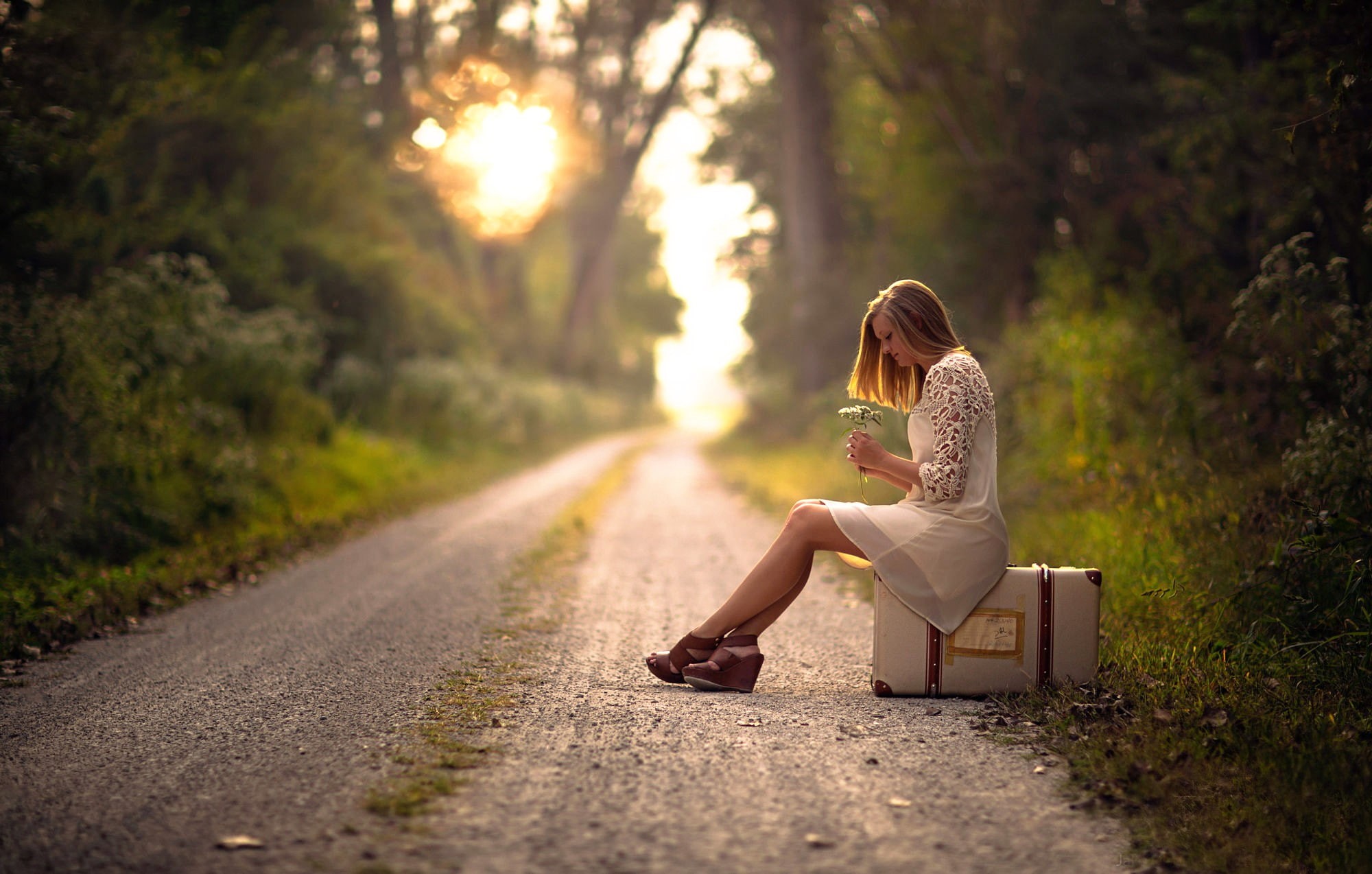 women outdoors, women, road, model, 1080P, sitting, blonde, Jake Olson, suitcase, HD Wallpaper
