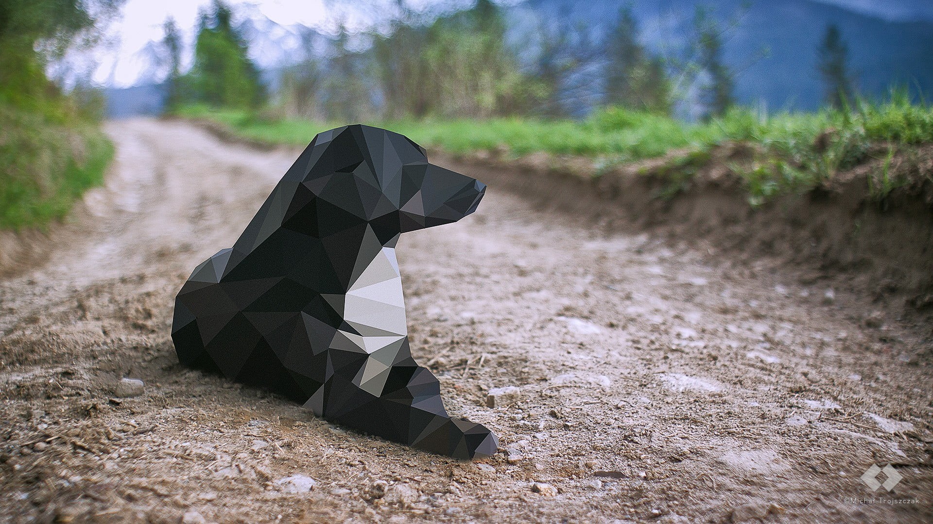 1080P, sunlight, black, nature, single object, sand, outdoors, plant, animal, forest, selective focus, day, close-up, field, creativity, low poly, HD Wallpaper
