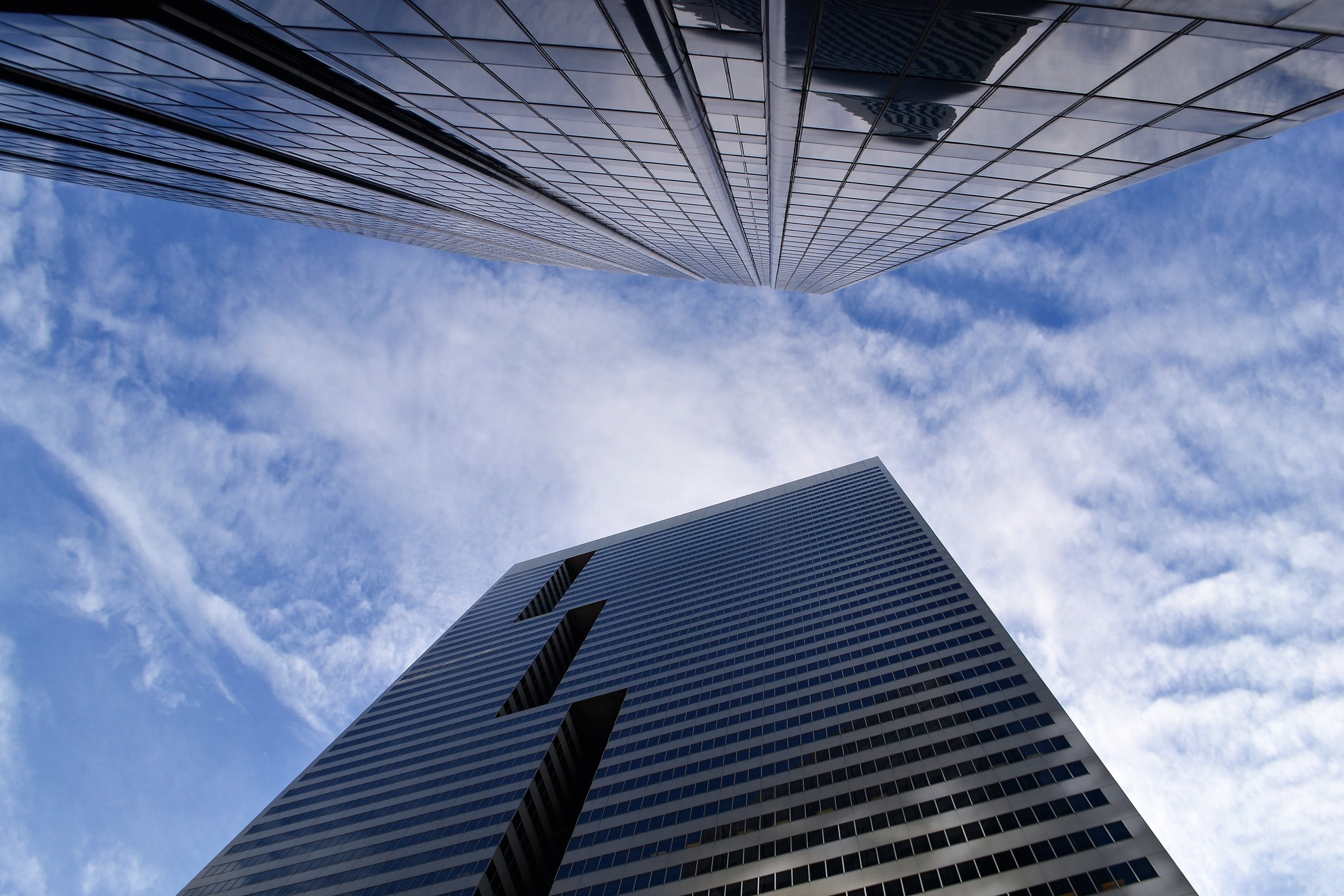 travel, success, tower, no people, financial, perspective, work place, occupation, low angle view, landscape, high, glass, architecture, building, cloud - sky, HD Wallpaper