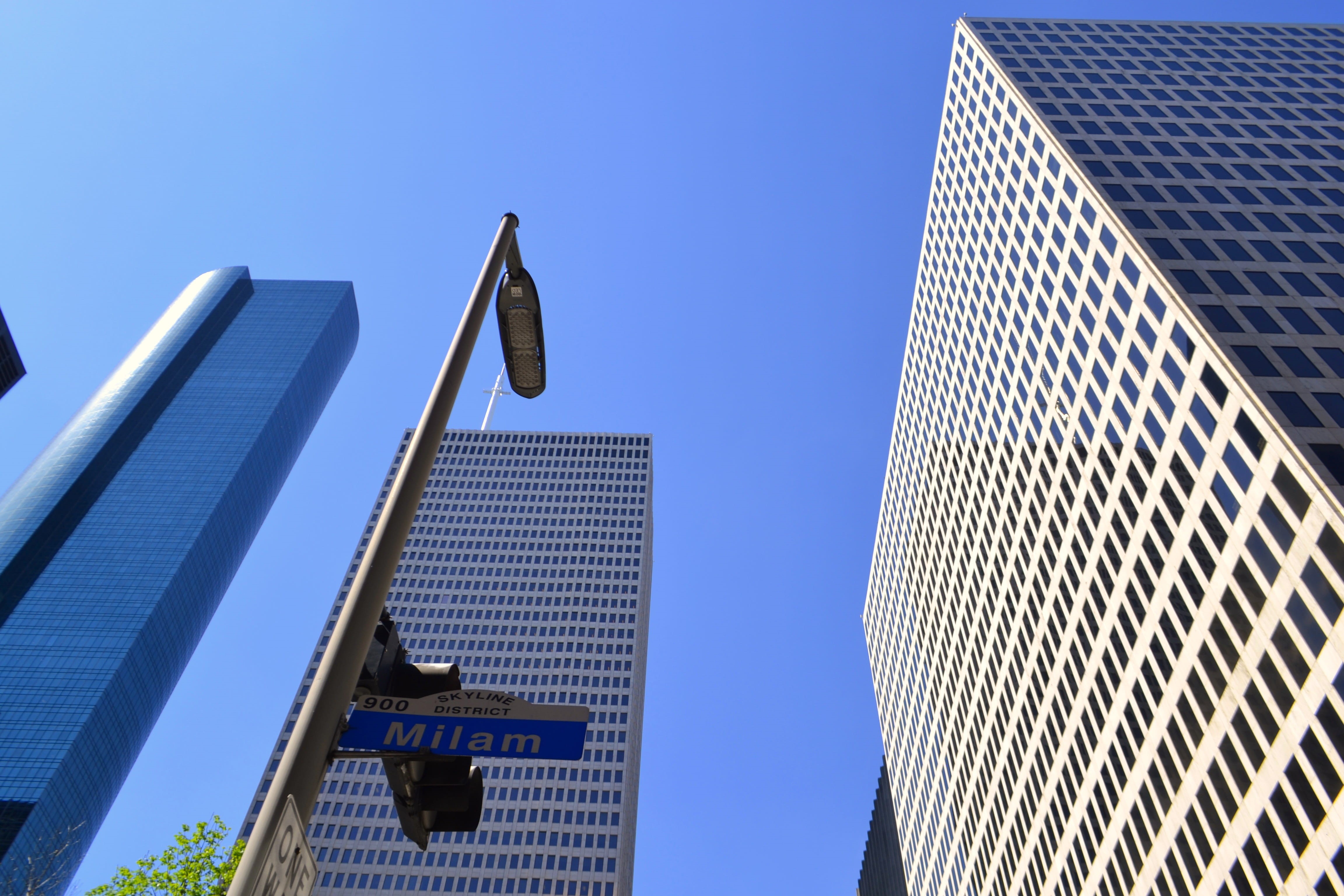 milam avenue, street lamp, work place, iconic, houston, building exterior, job, money, clear sky, social, high-rise, contemporary, building, vision, skyscraper, HD Wallpaper