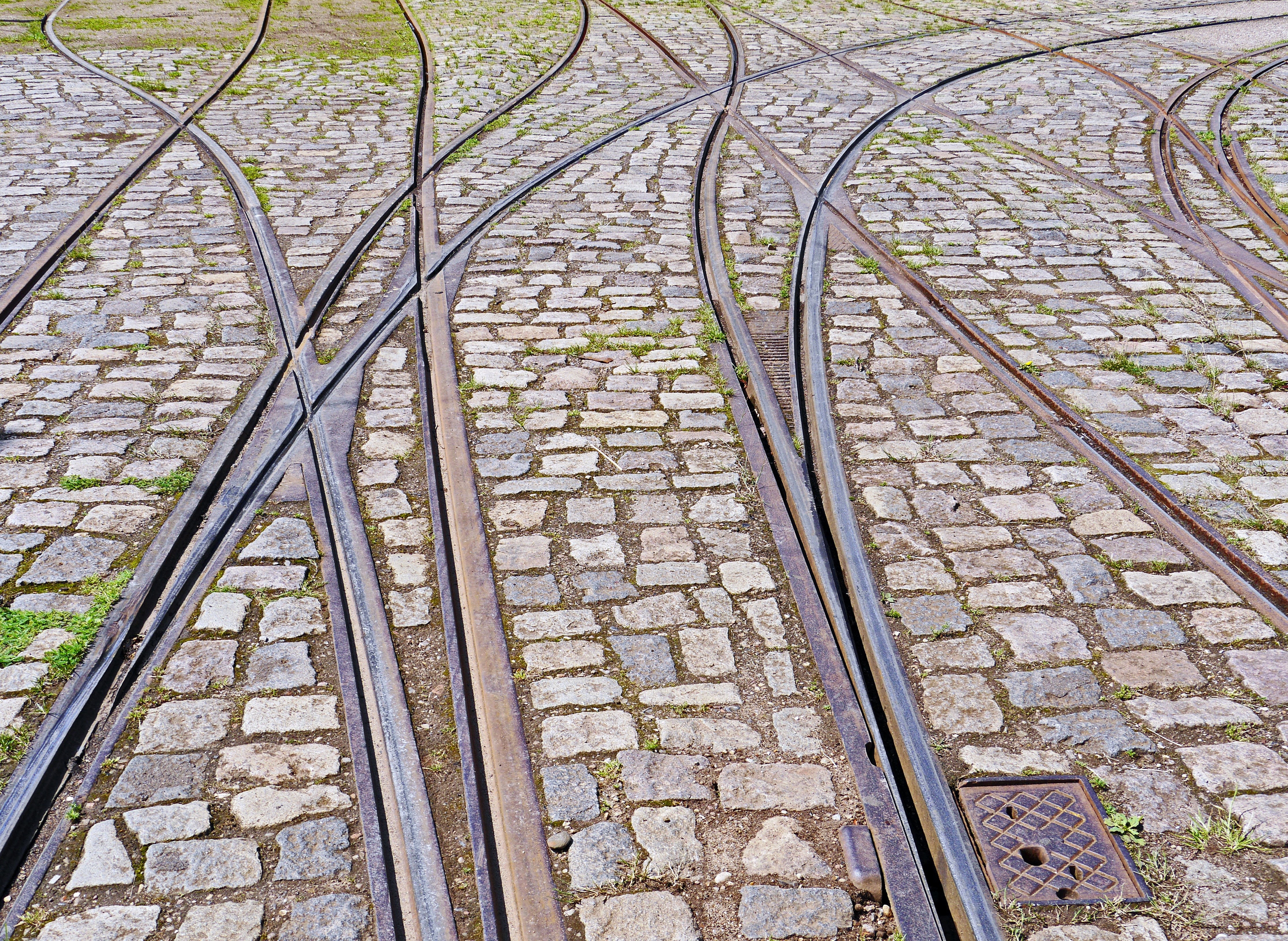 brown, sunlight, cobblestone, railroad track, patch, no people, yield, the way forward, metal, schönberger beach, 4K, gray, ramifications, grass, built structure, HD Wallpaper