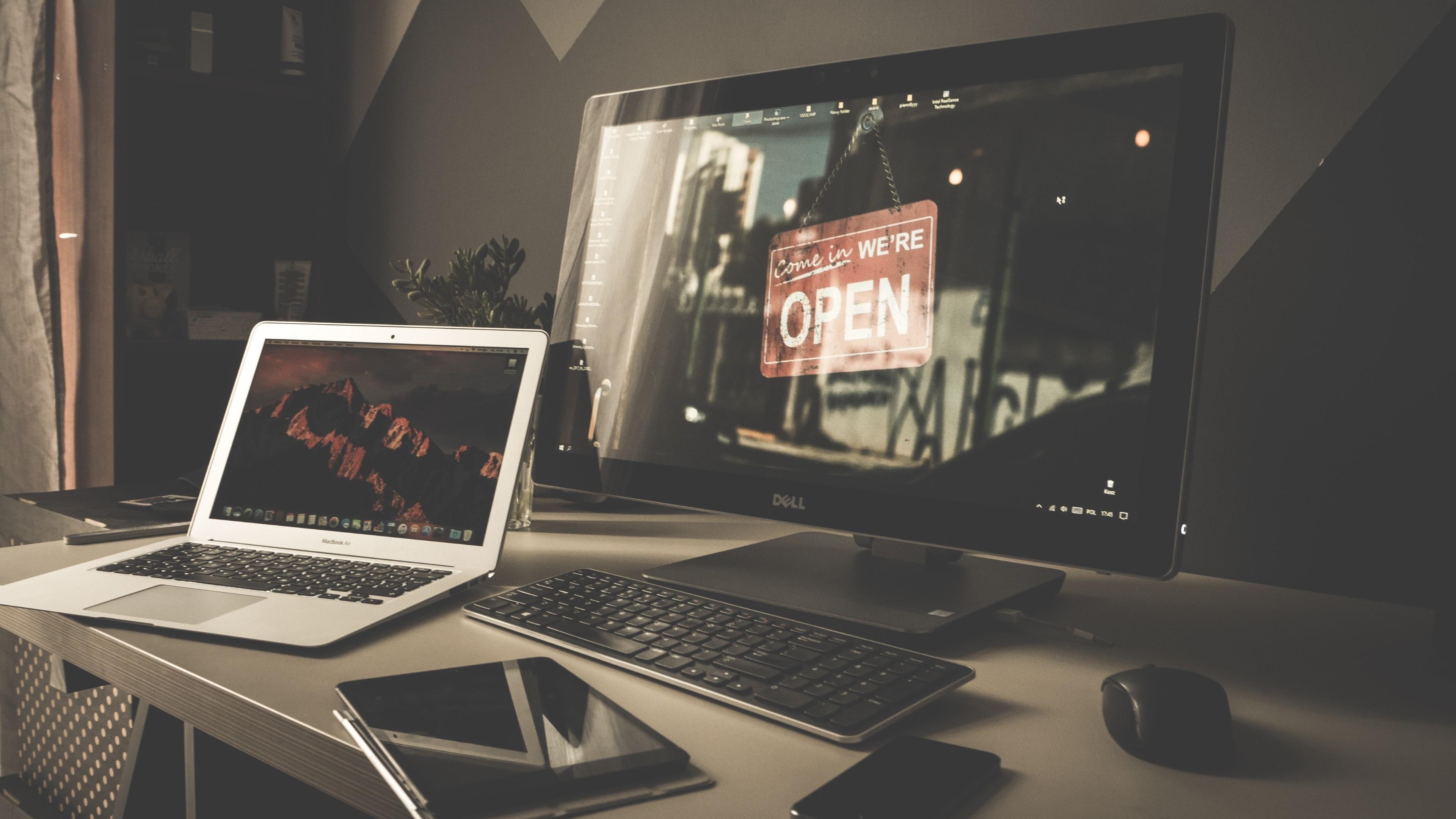 office, personal computer, electronic device, display device, desk, open, technology, desktop computer, computer, laptop, 4K, HD Wallpaper