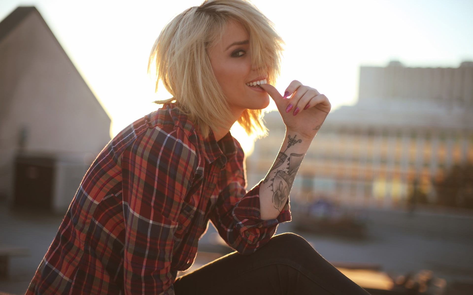 looking, s, gray, day, women, real people, checked pattern, smiling, plaid shirt, young women, collared, hairstyle, leisure activity, casual clothing, tattoo, HD Wallpaper