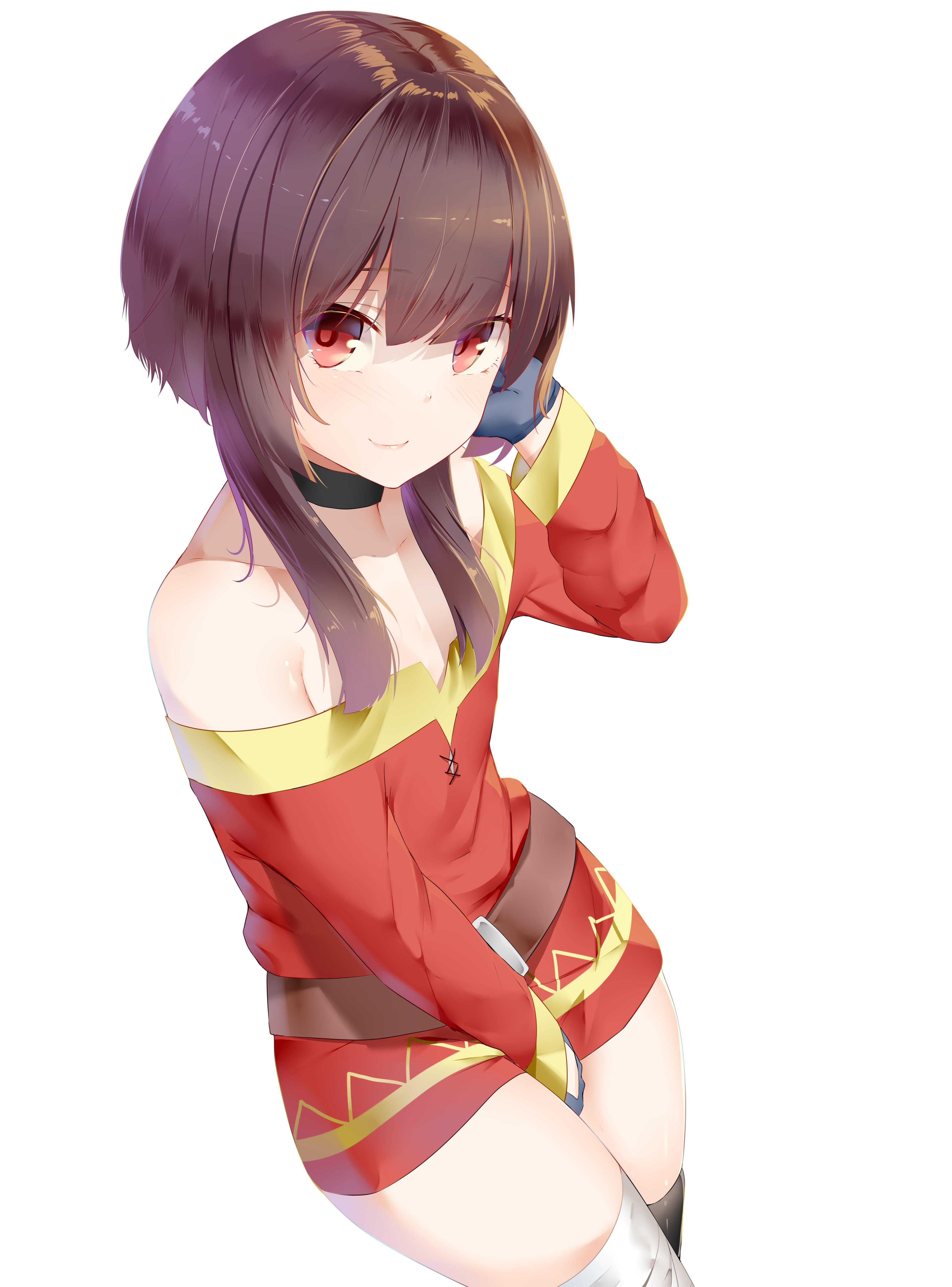 Megumin, white background, red dress, simple background, 5K, necklace, choker, collar, red eyes, Kono Subarashii Sekai ni Shukufuku wo!, belt, bandage, Phone HD Wallpaper