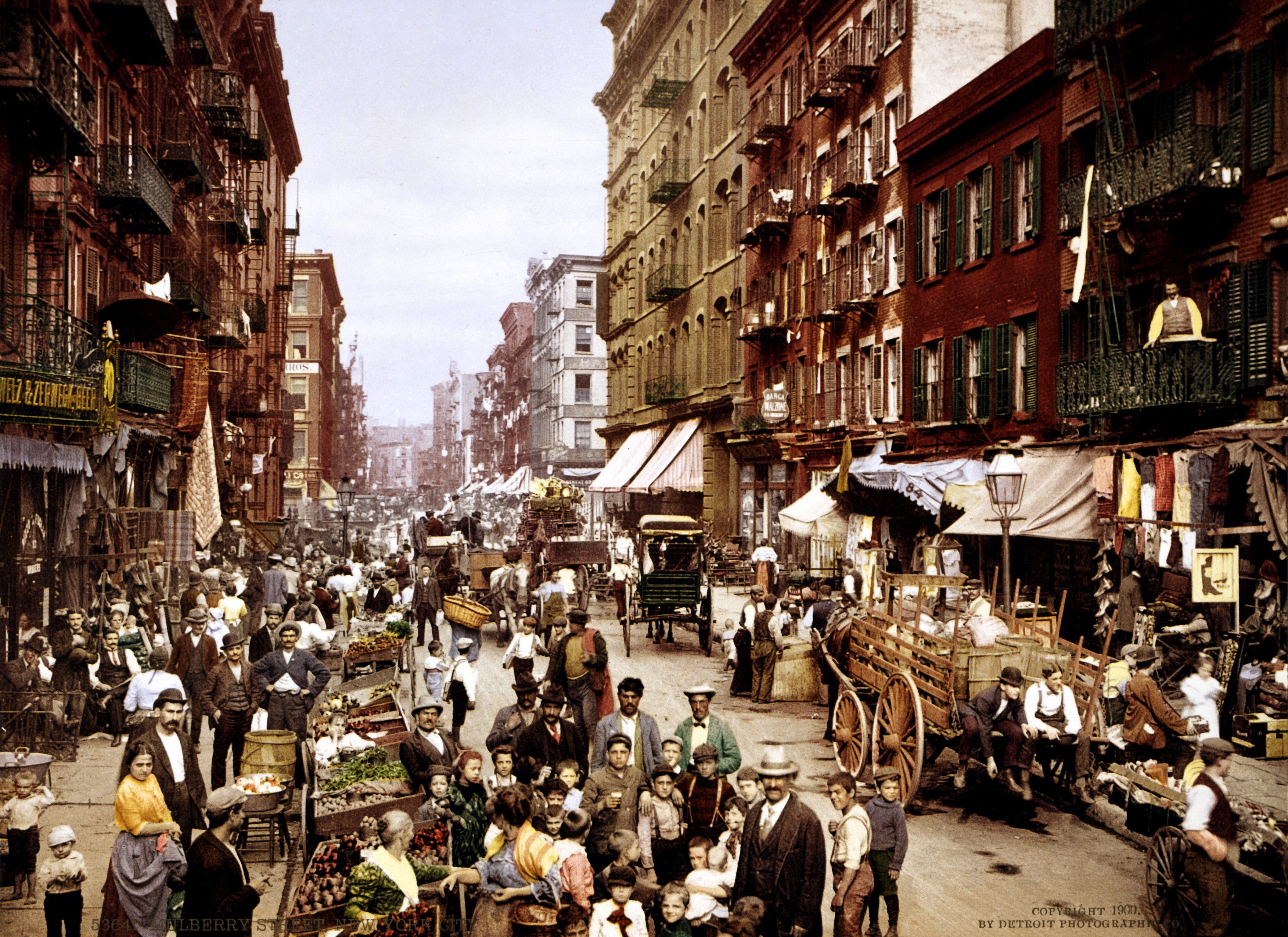 busy, photochrom, adult, street market, architecture, dealer, outdoors, incidental people, large group of people, 1900, women, manhattan, building, mode of transportation, HD Wallpaper