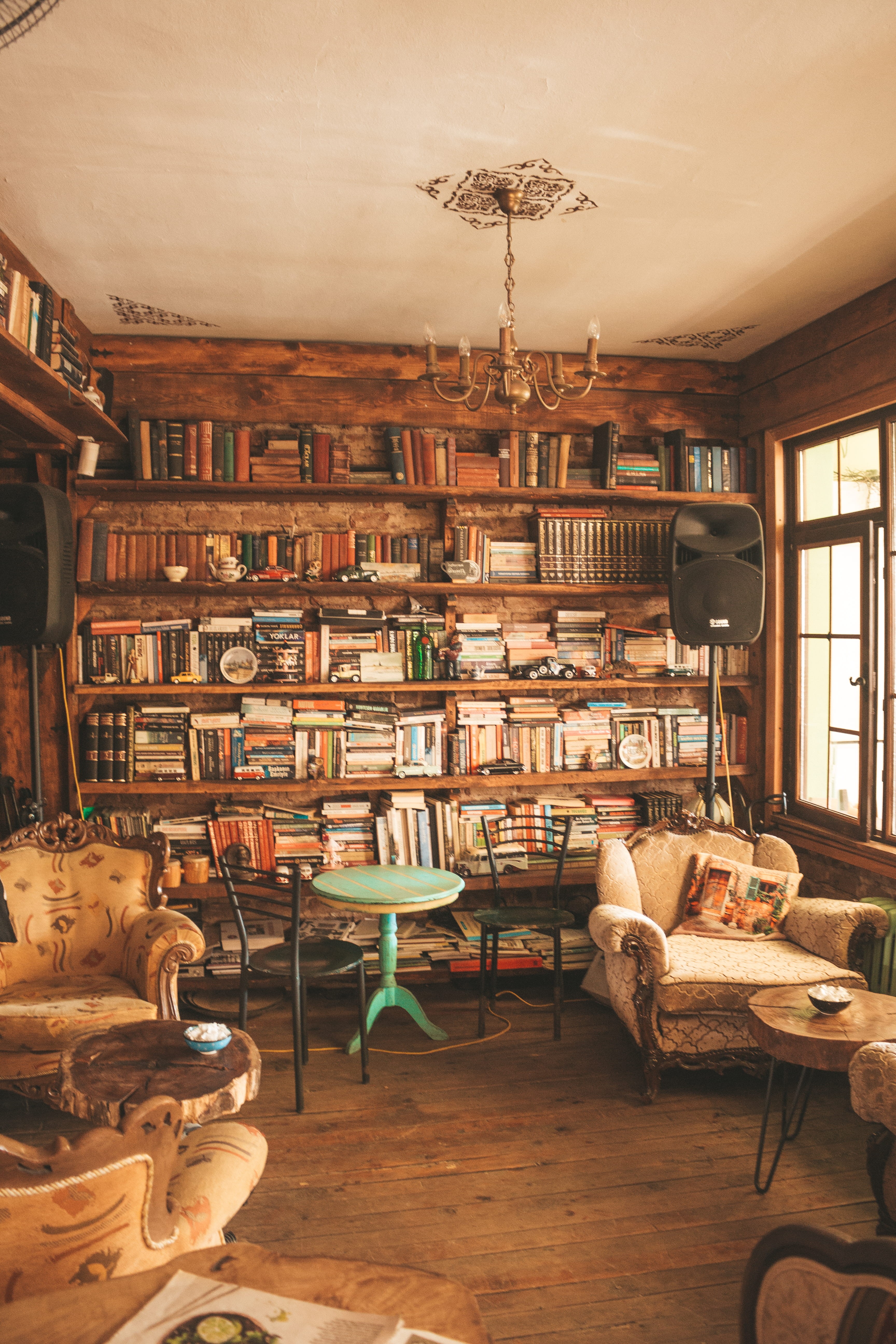 architecture, book, colored, library, seat, domestic room, furniture, bookshelves, publication, absence, wood, bookcase, armchairs, lamp, indoors, chair, Phone HD Wallpaper