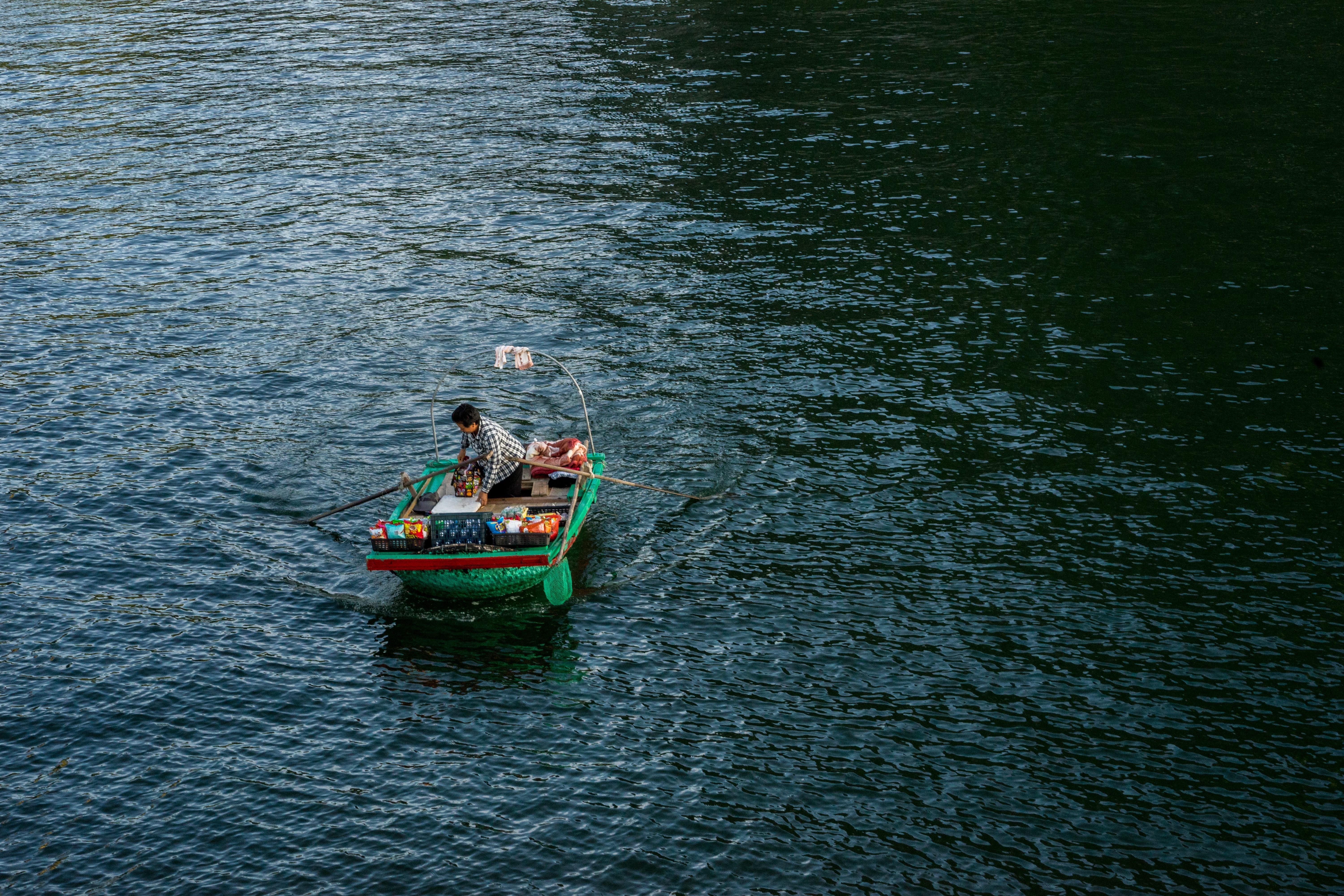 people, sampan, sailing, nautical vessel, day, calm, sea, high angle view, two people, floating on water, trader, halong bay, hanoi, vietnam, small boat, HD Wallpaper
