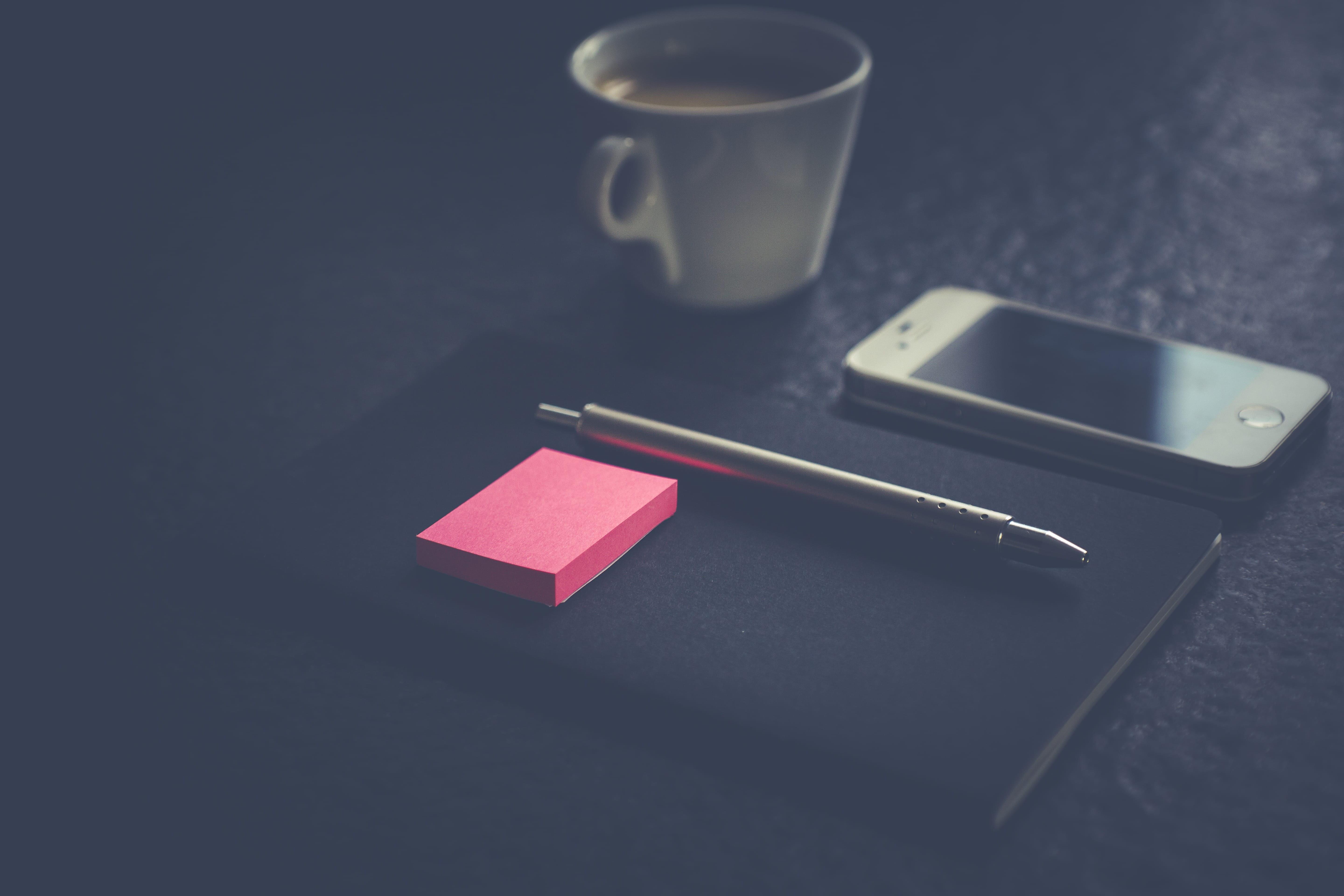 note Pad, empty, turned, close-up, 5K, notebook, pen, office, dark, smartphone, work, iphone, pencil, education, wood - Material, coffee - Drink, used look, HD Wallpaper