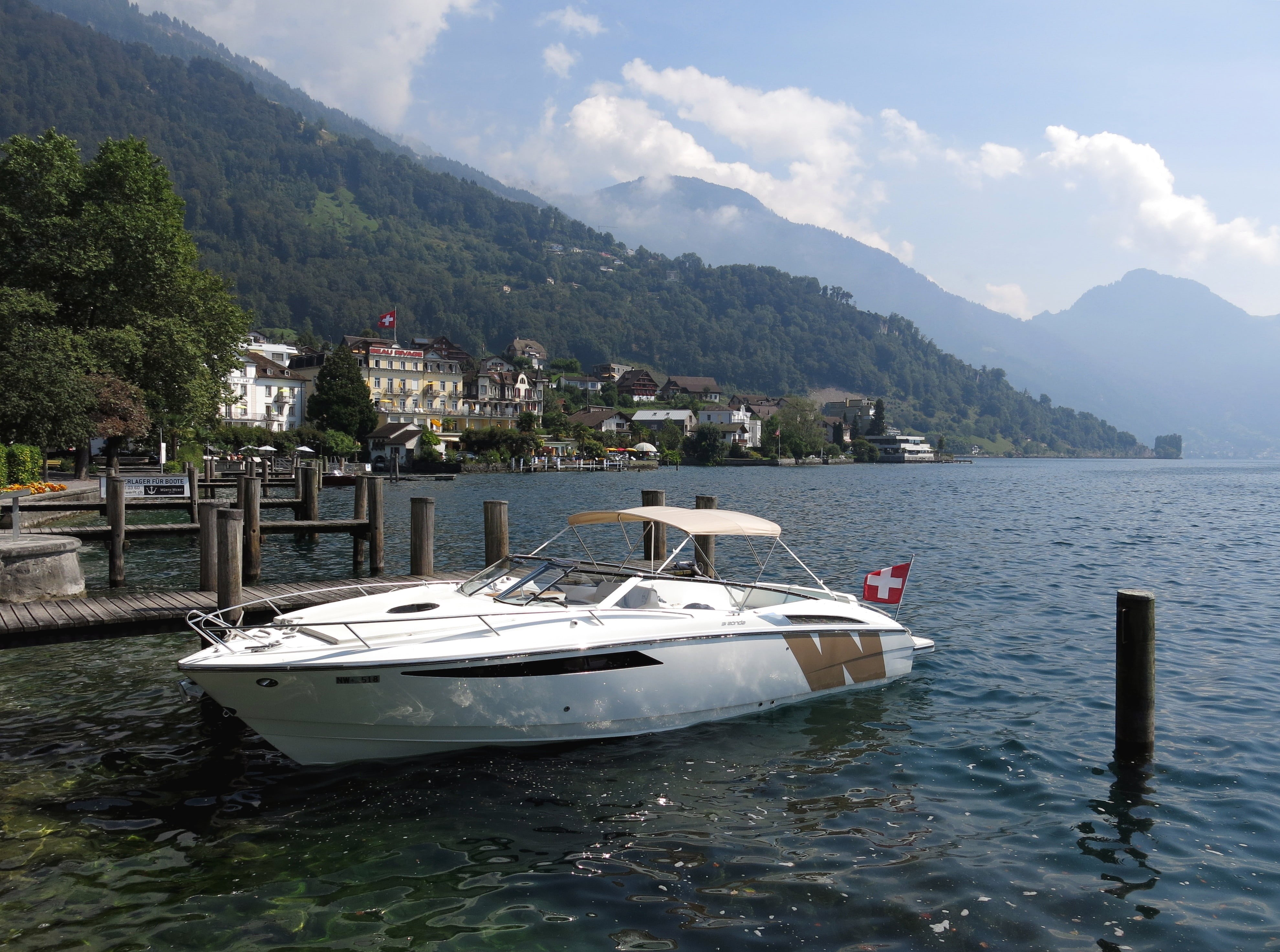 empire, tree, transportation, nature, mode of transportation, powerboat, days wealthy, lake, yacht, 4K, boot, water, port, sailboat, lake lucerne region, HD Wallpaper