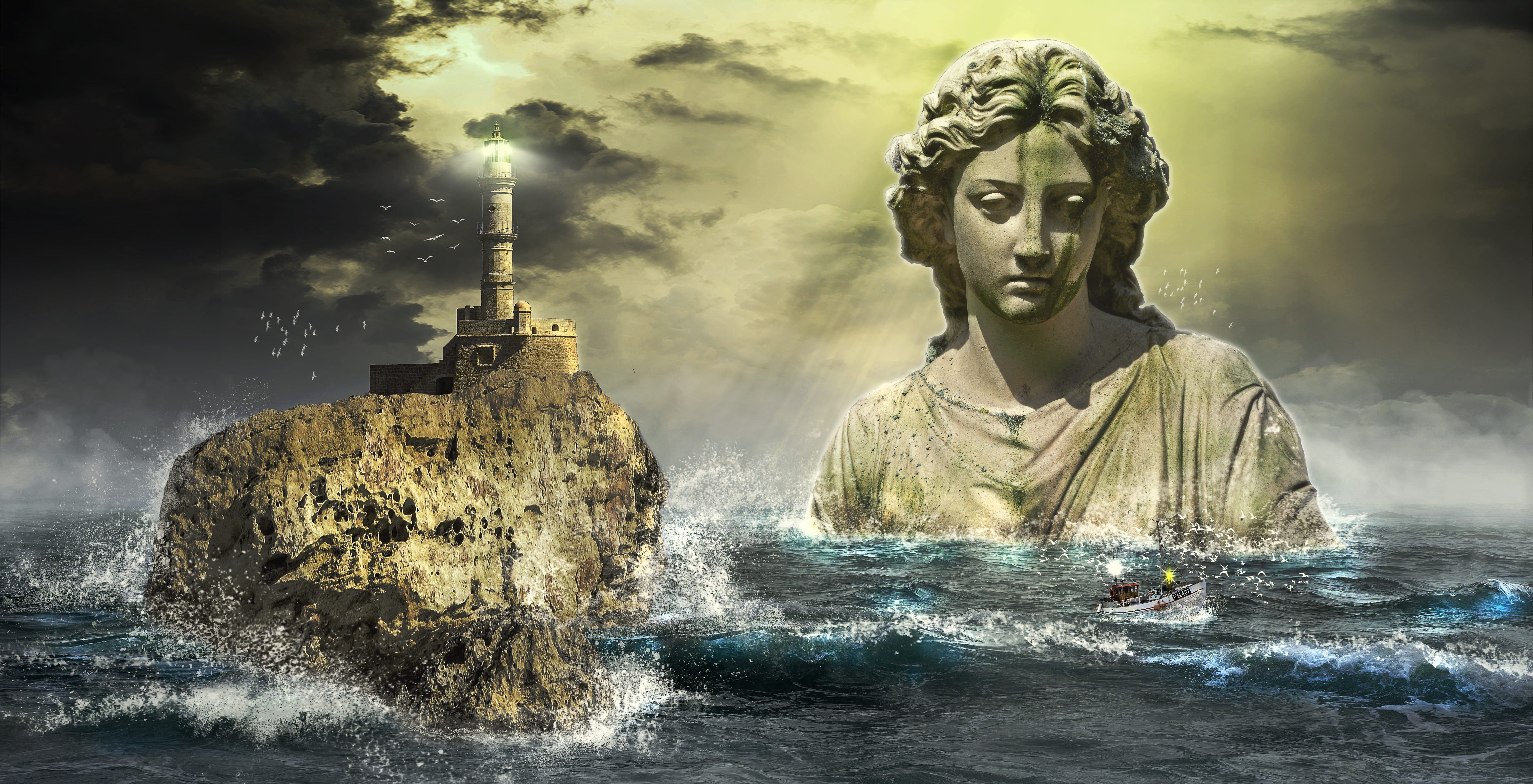 boat, religion, coast, representation, golden, sculpture, safe journey, scenic, surrounded, male likeness, fog, statue, mist, coastline, black, creativity, HD Wallpaper