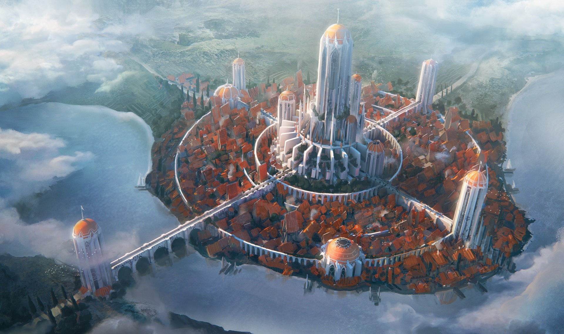 symmetry, 1080P, magic city, Safe haven, bridge, the city, HD Wallpaper