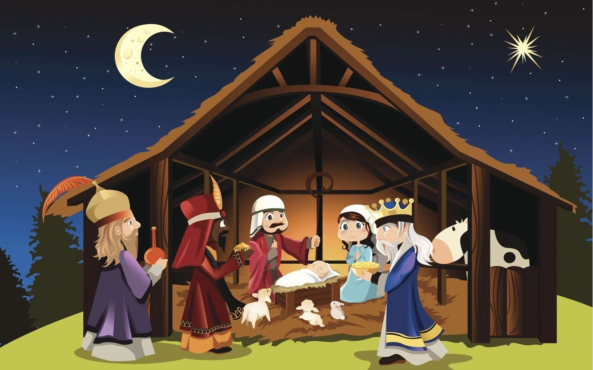 Sheep, men, group of people, Moon, architecture, sky, real people, stage, building exterior, childhood, Mary (Mother of Jesus), Jesus, 1080P, males, full length, HD Wallpaper
