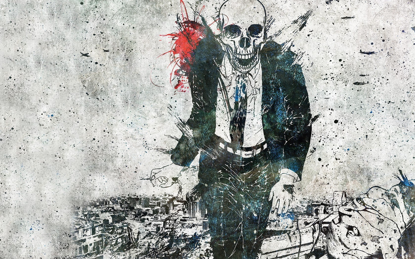 paint splatter, skull, 720P, artwork, businessmen, Alex Cherry, grunge, HD Wallpaper