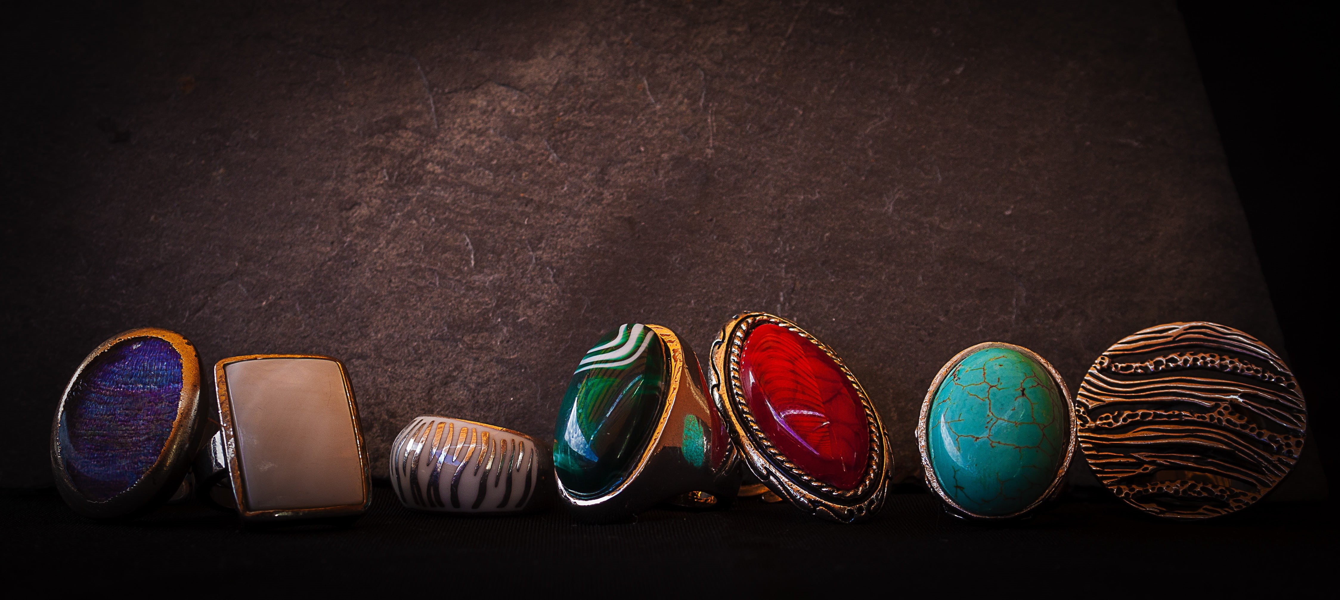 personal accessory, indoors, studio shot, no people, rings, multi colored, ornate, diamonds, pair, group of objects, ring, sandal, in a row, medium group of objects, HD Wallpaper