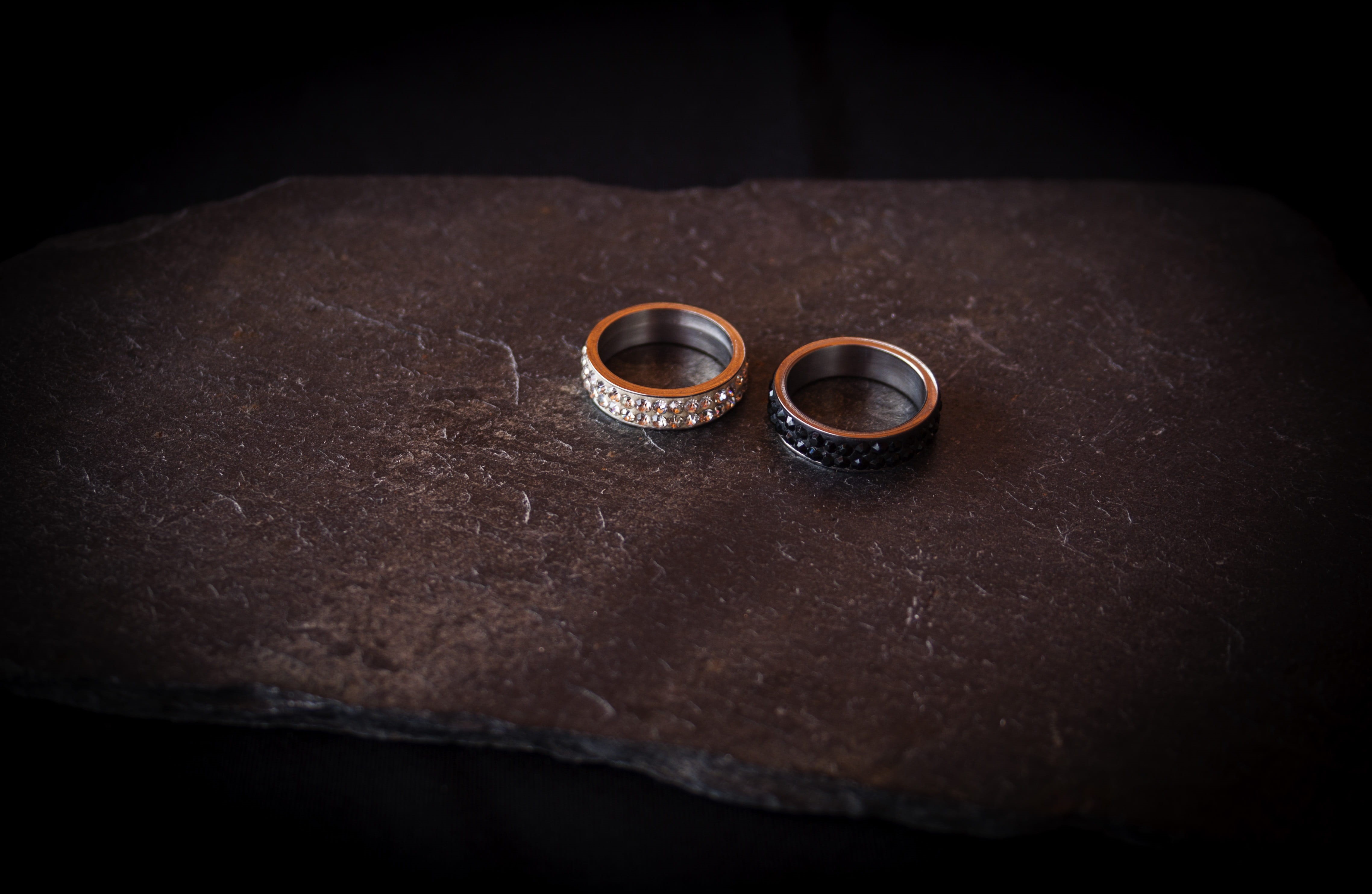 rings, dark, black background, studio shot, silver, ring, solid, emotion, leather, gray, diamonds, no people, event, jewel, 4K, high angle view, jewelry, HD Wallpaper