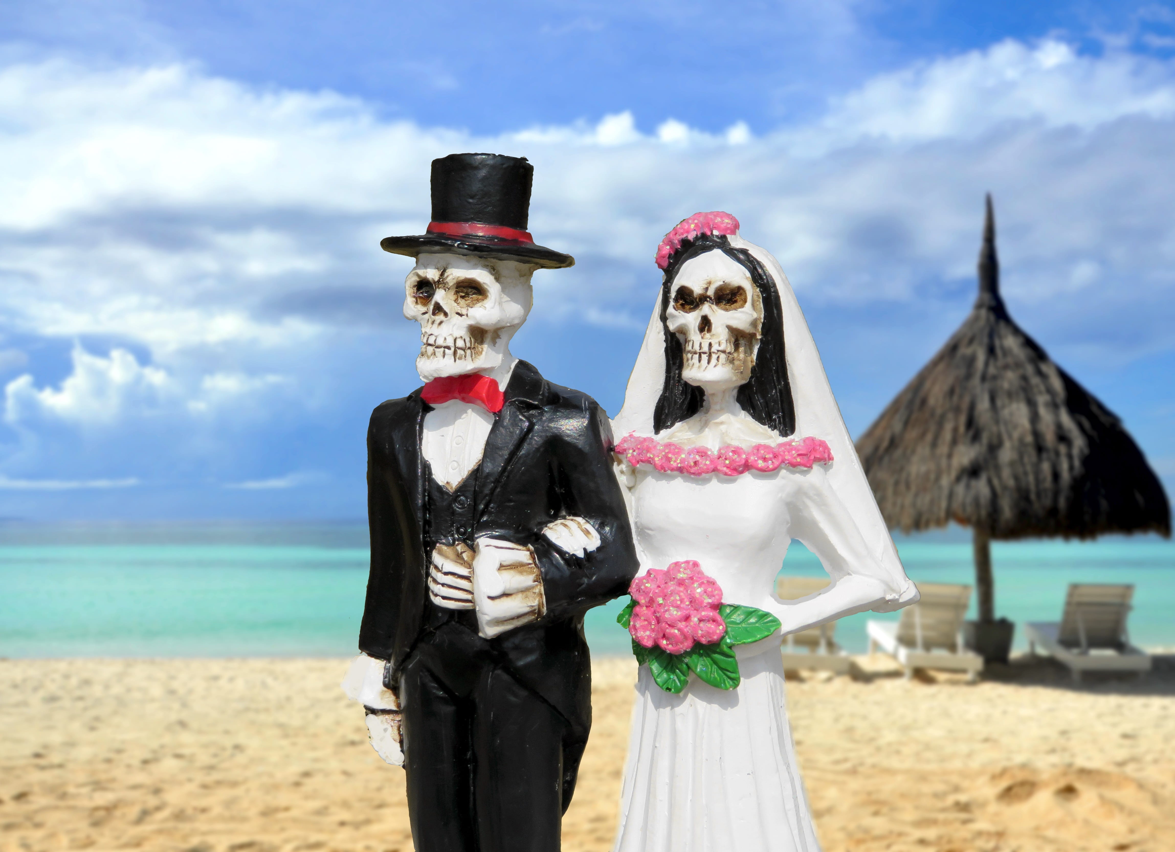 spooky, marriage, bridal, love, two people, monsters, happiness, couple, married, newlywed, cloud - sky, man, relationship, celebration, beach, women, romantic, HD Wallpaper