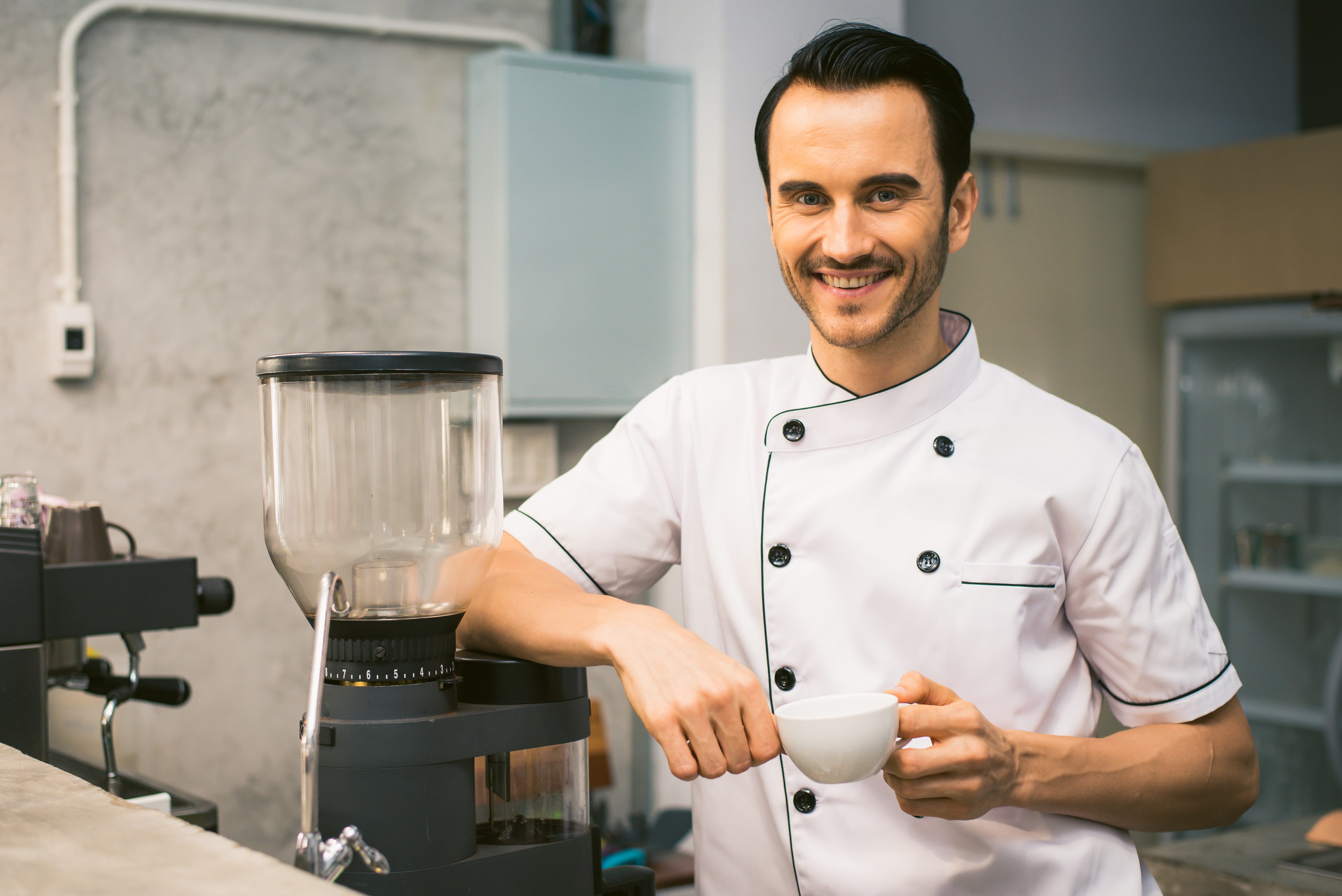 front view, mid adult men, smiling, male, preparation, chef, machine, refreshment, coffee, facial hair, man, job, mid adult, drink, one person, coffee - drink, HD Wallpaper