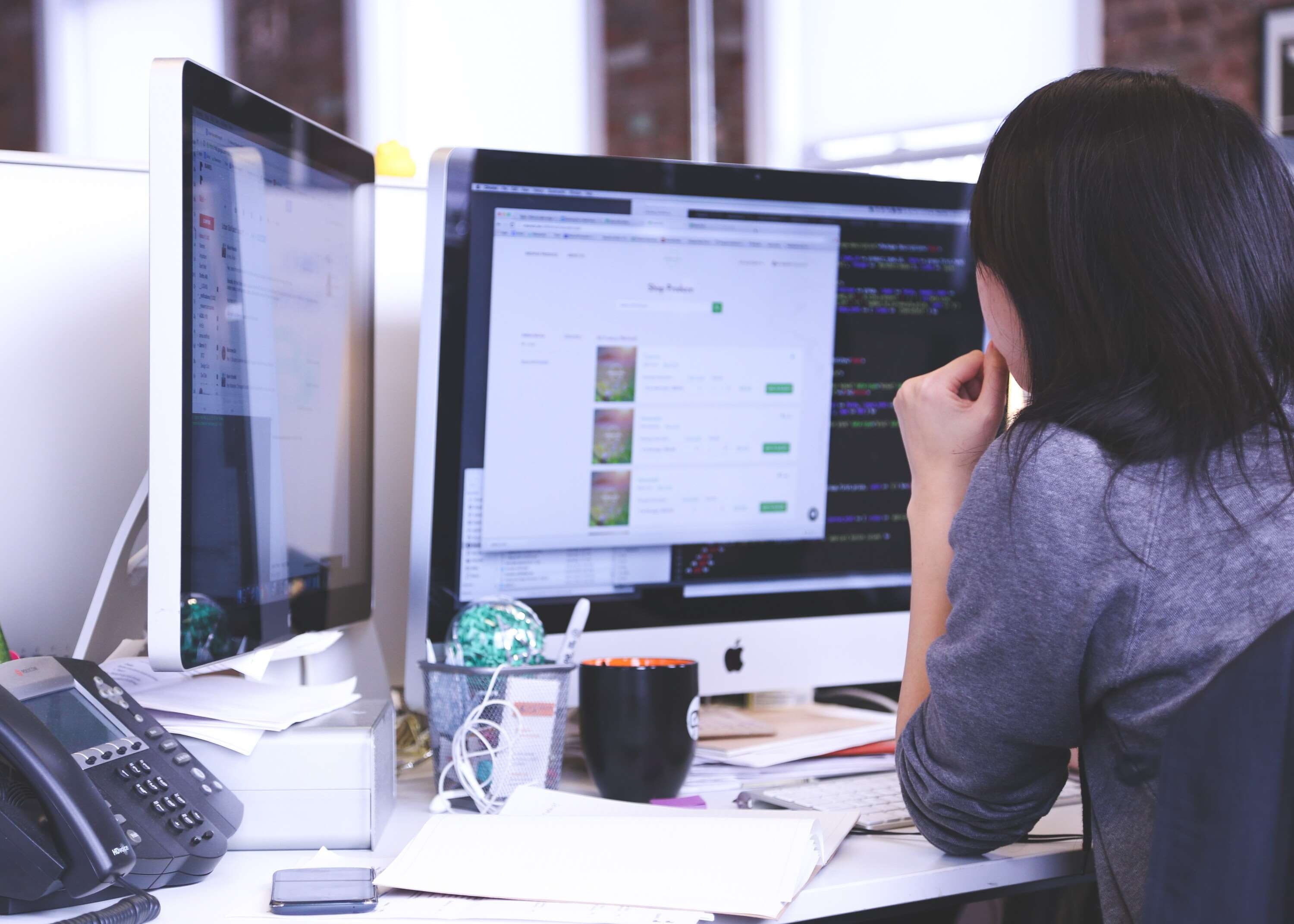 woman, communication, keyboard, programmer, connection, job, computer monitor, computer equipment, software, wireless technology, businesswoman, imac, entrepreneur, HD Wallpaper