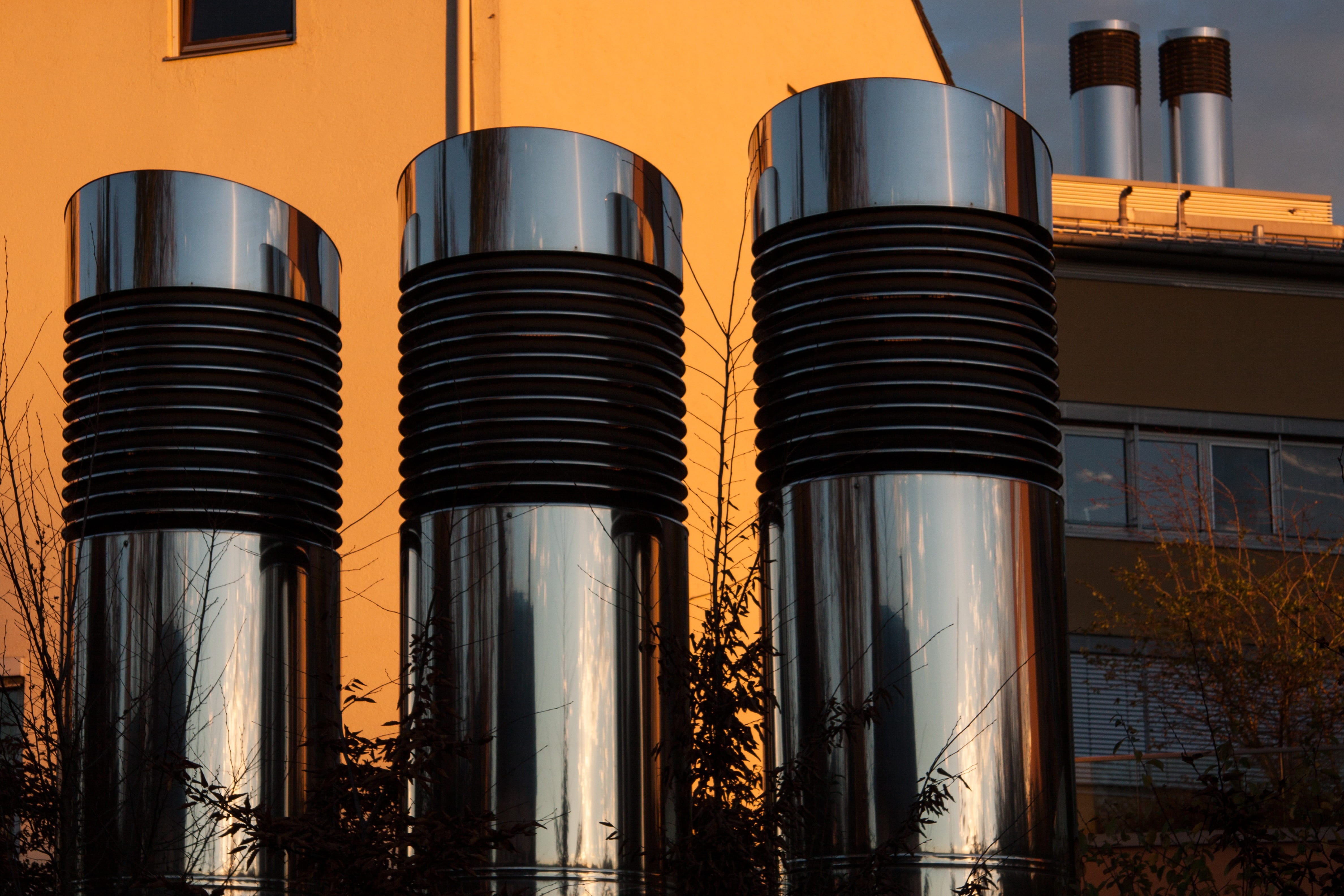industry, outdoors, stainless, cylinder, air control systems, architecture, concrete, about, no people, close-up, flow technology, low angle view, components, HD Wallpaper