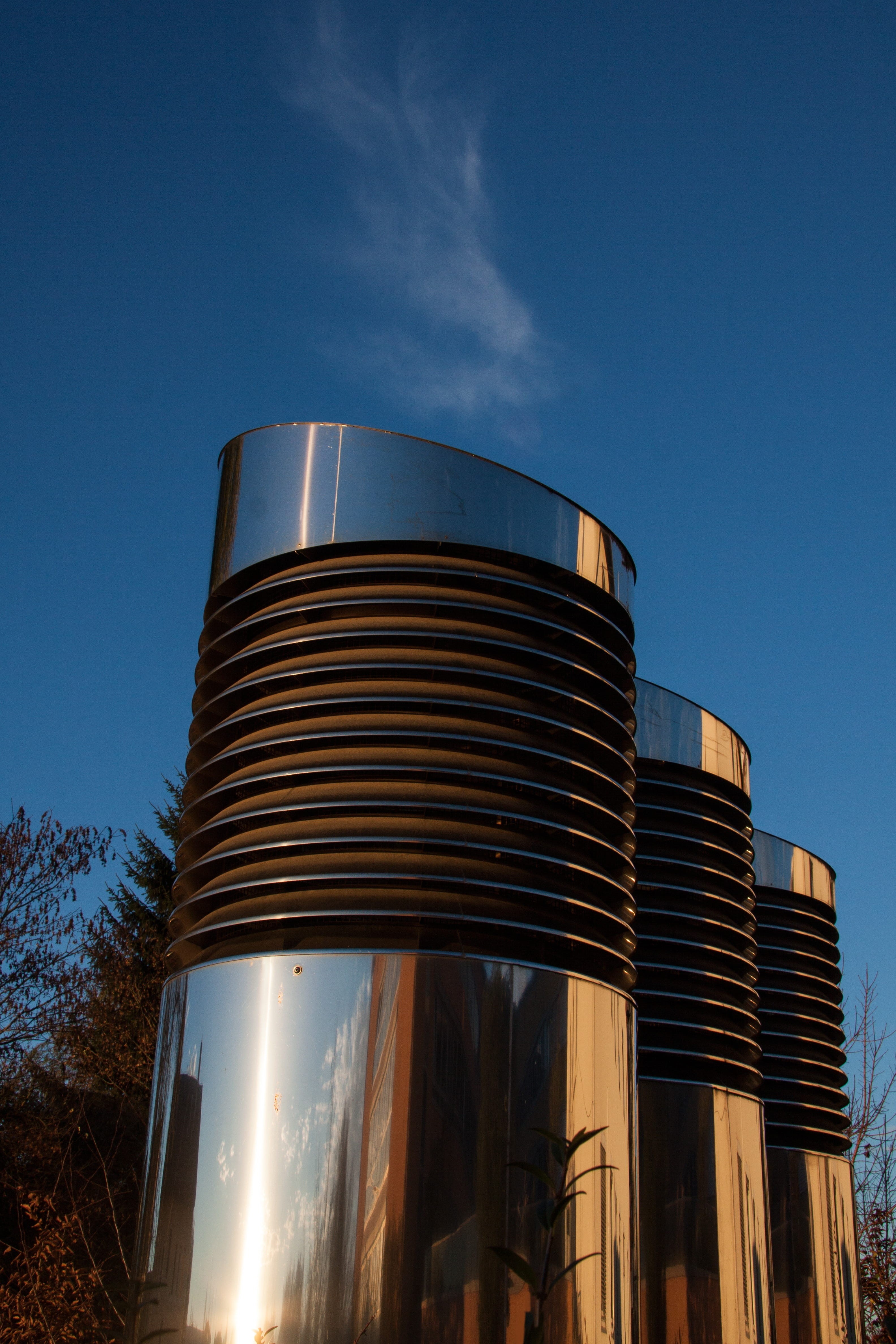 ventilation ducts, channels, office building exterior, Metal, low angle view, ventilation systems, flow technology, air duct, factory, outdoors, shiny, Phone HD Wallpaper