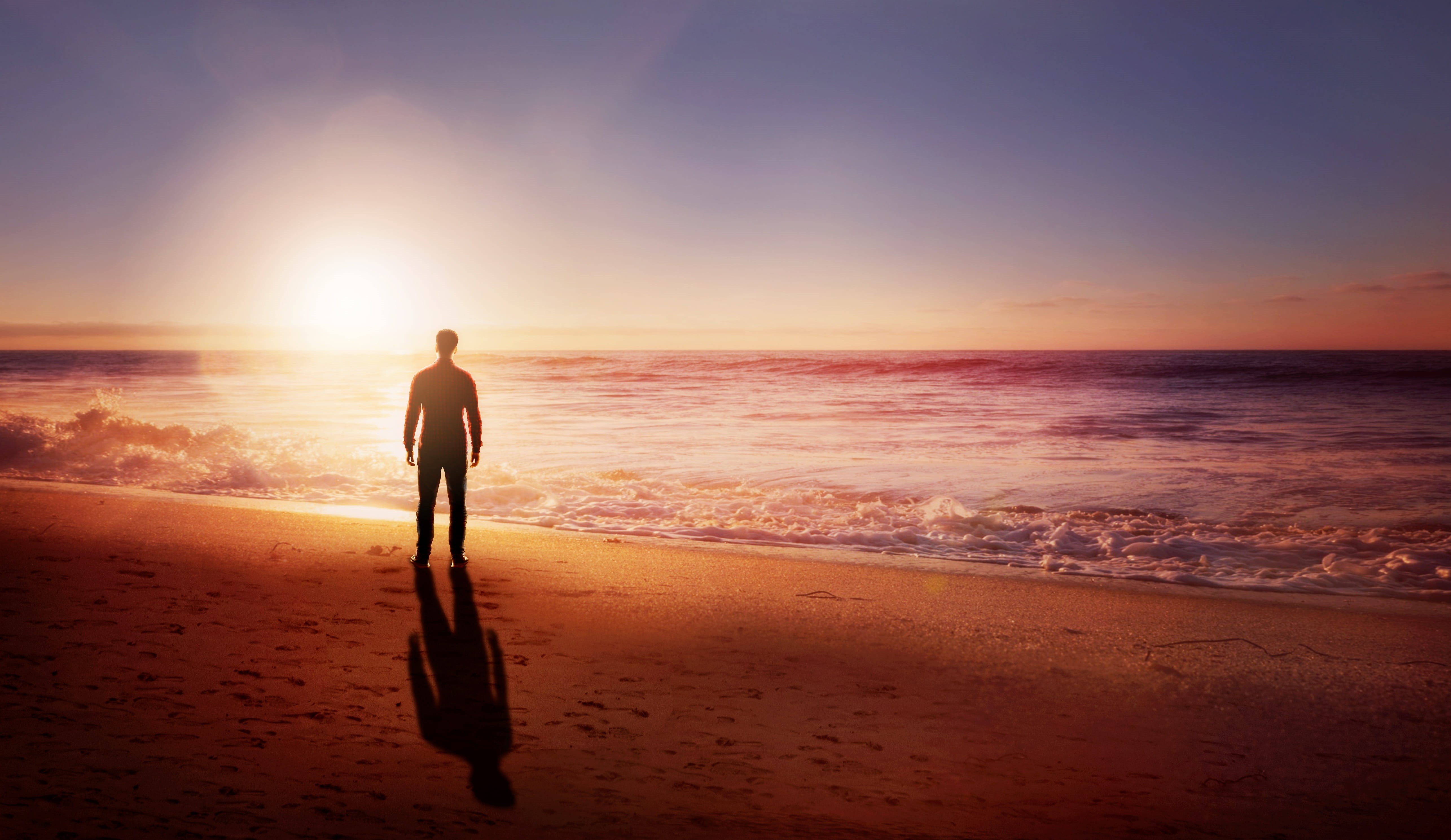 full length, mood, land, backlighting, lonely, one person, recovery, good view, horizon, horizon over water, wide, man, leisure activity, beach, scenics - nature, HD Wallpaper