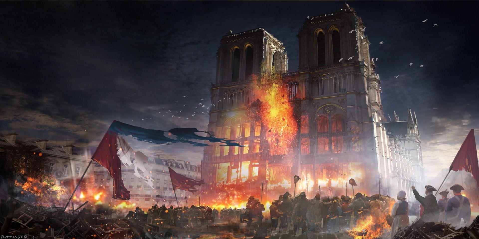building, sky, illuminated, festival, built structure, group of people, flame, smoke - physical structure, night, nature, fire - natural phenomenon, video games, HD Wallpaper