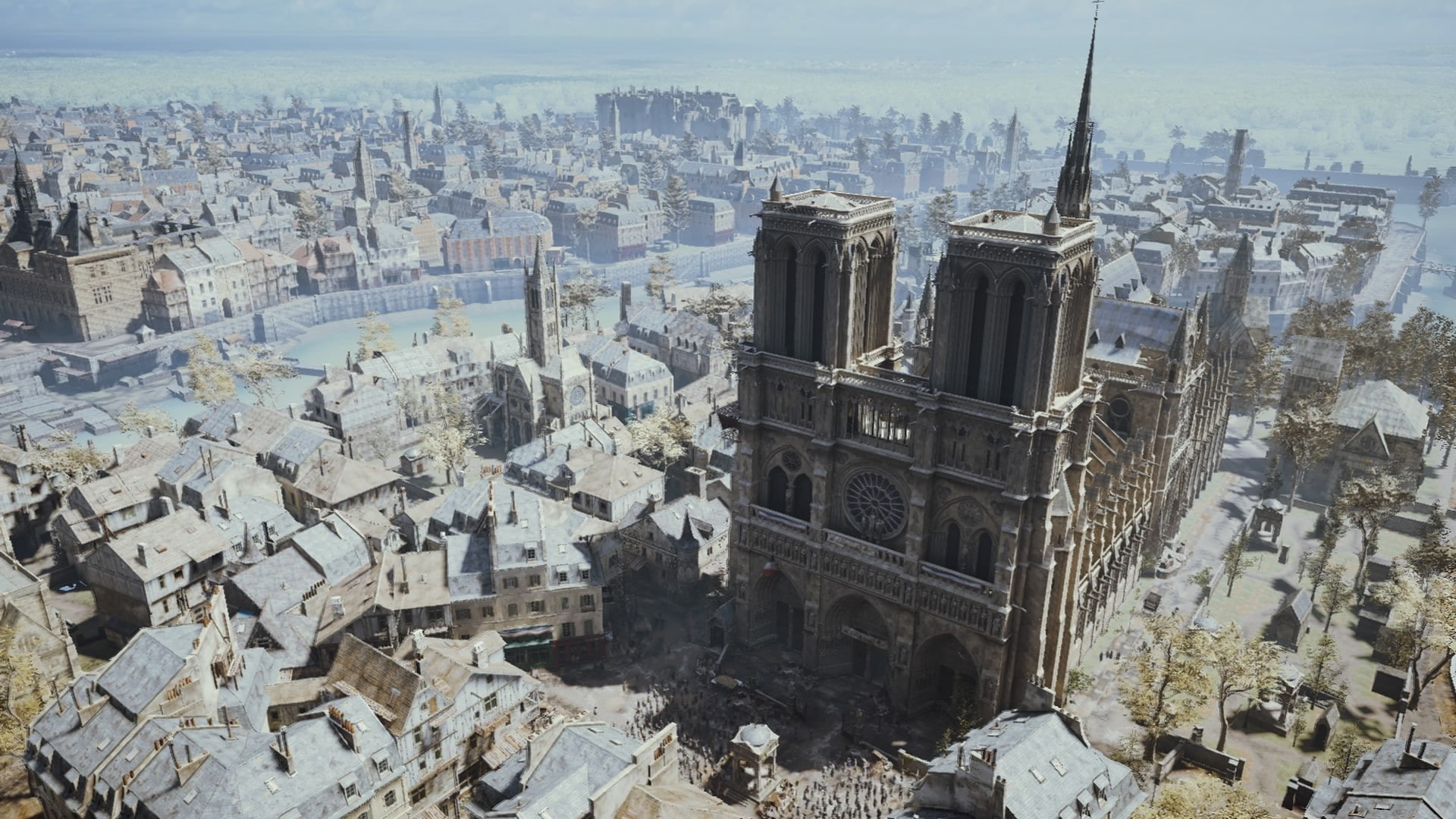 architecture, 1080P, Notre-Dame, city, building exterior, nature, video games, Paris, Assassins Creed, spire, outdoors, cityscape, built structure, tourism, HD Wallpaper