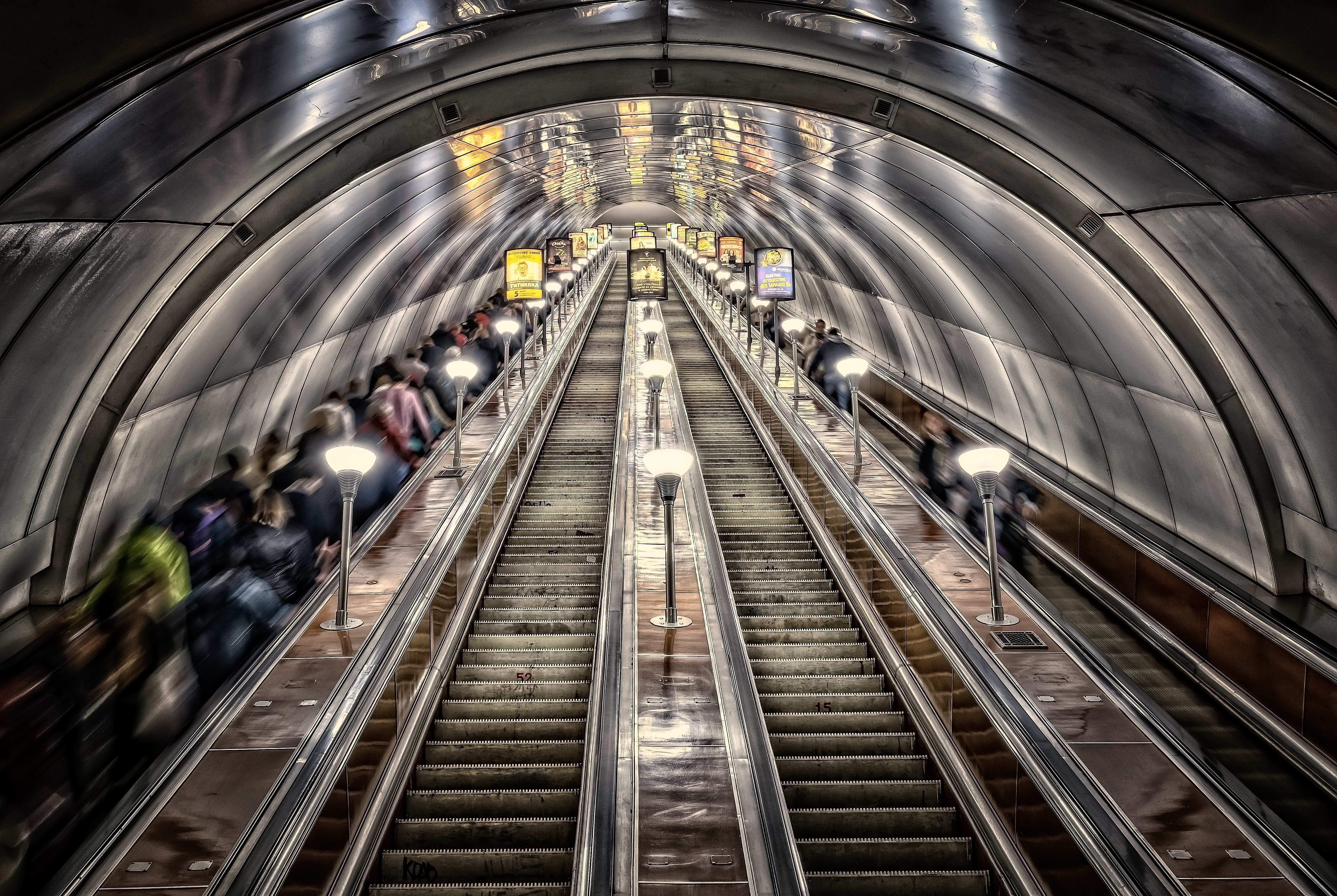 5K, public transportation, lighting equipment, illuminated, tunnel, transport, escalator, st petersburg, high angle view, architecture, mode of transportation, HD Wallpaper