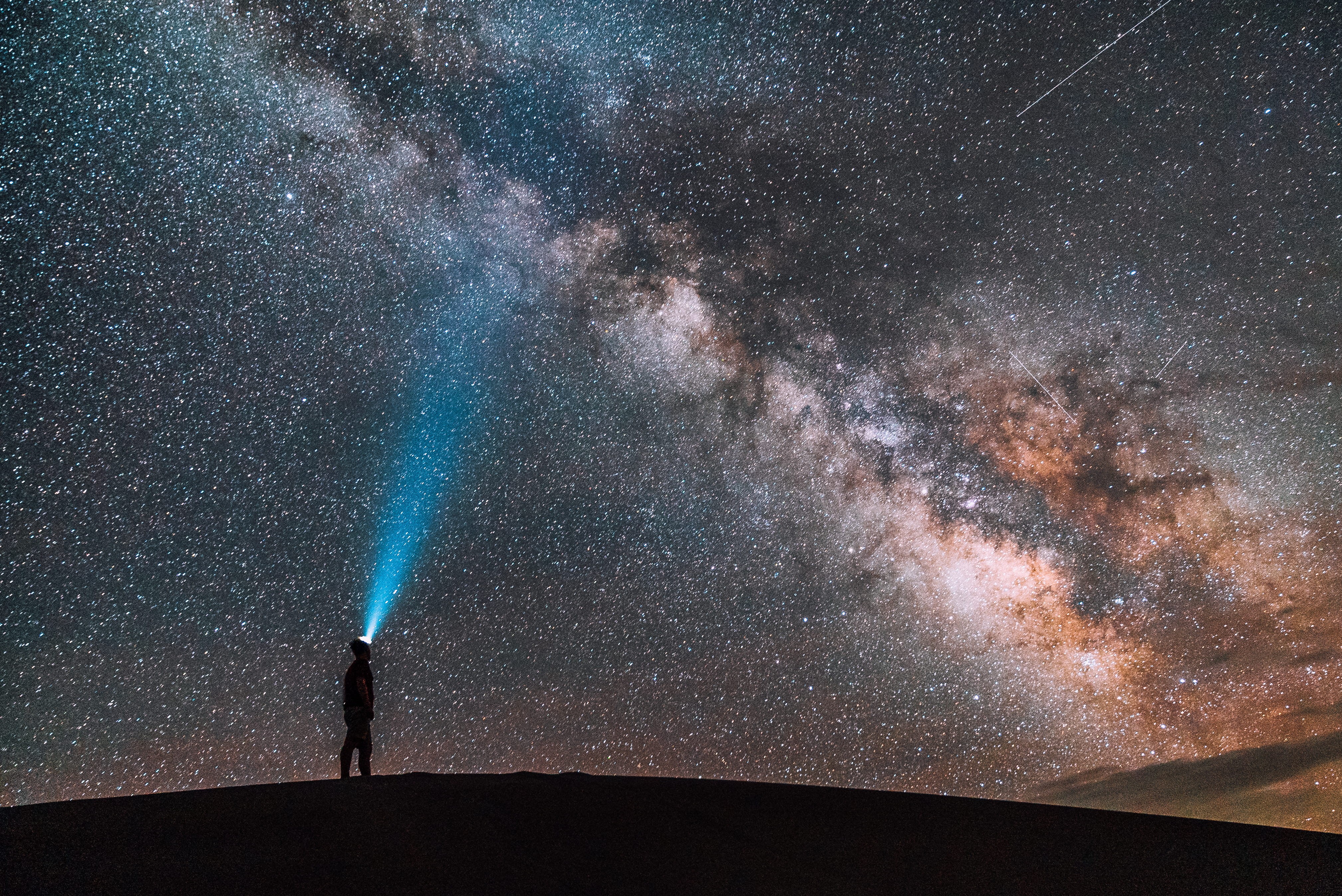 science, constellation, galaxy, star - space, star field, 4K, exploration, nature, man, astronomy, led, flashlight, looking, milky way, star, night, standing, HD Wallpaper