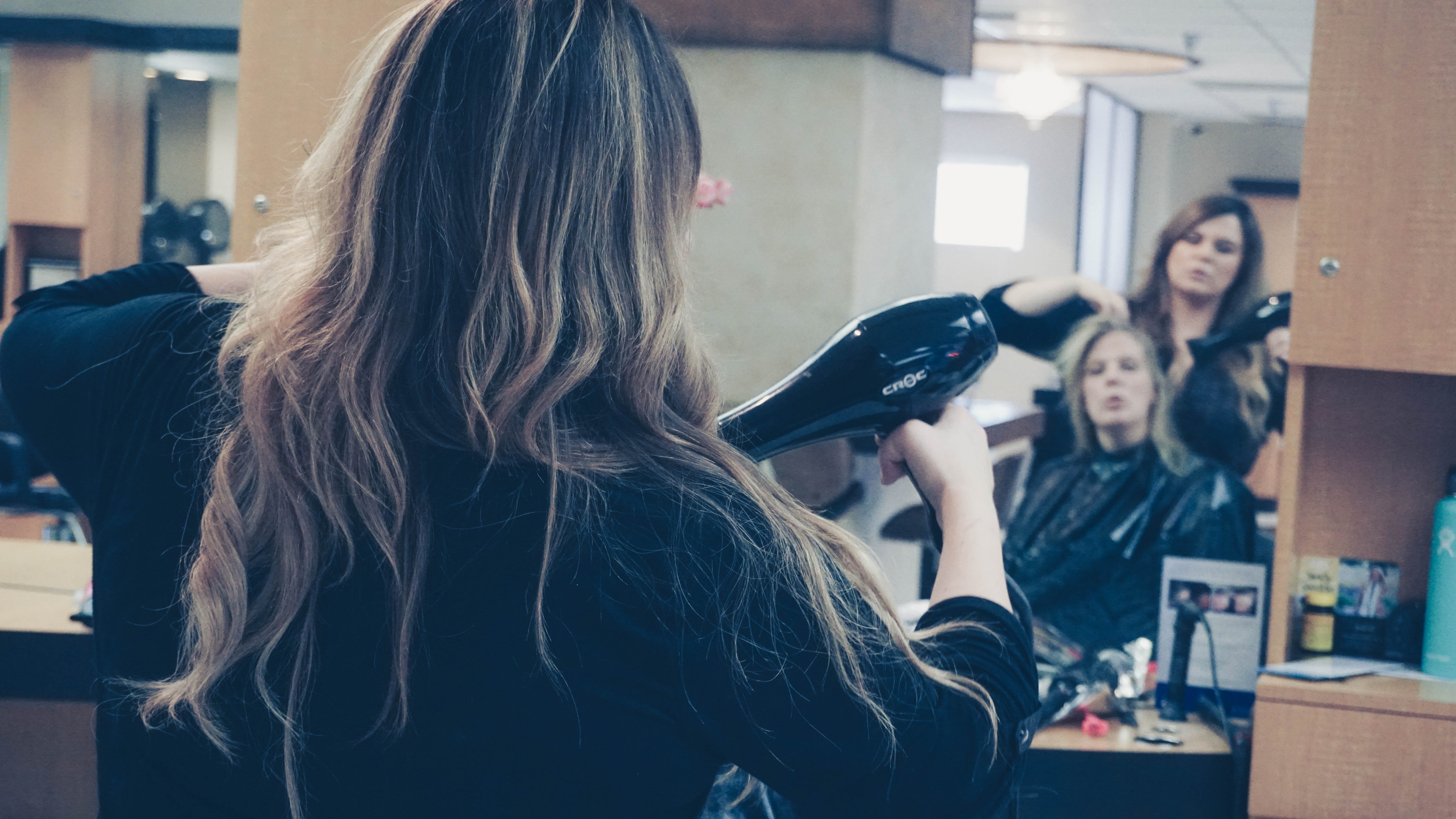 blond, adult, salon, hair products, sitting, two people, young women, mirror, 5K, anaheim, cosmotology, hair style, long hair, stylist, hair cut, young adult, HD Wallpaper
