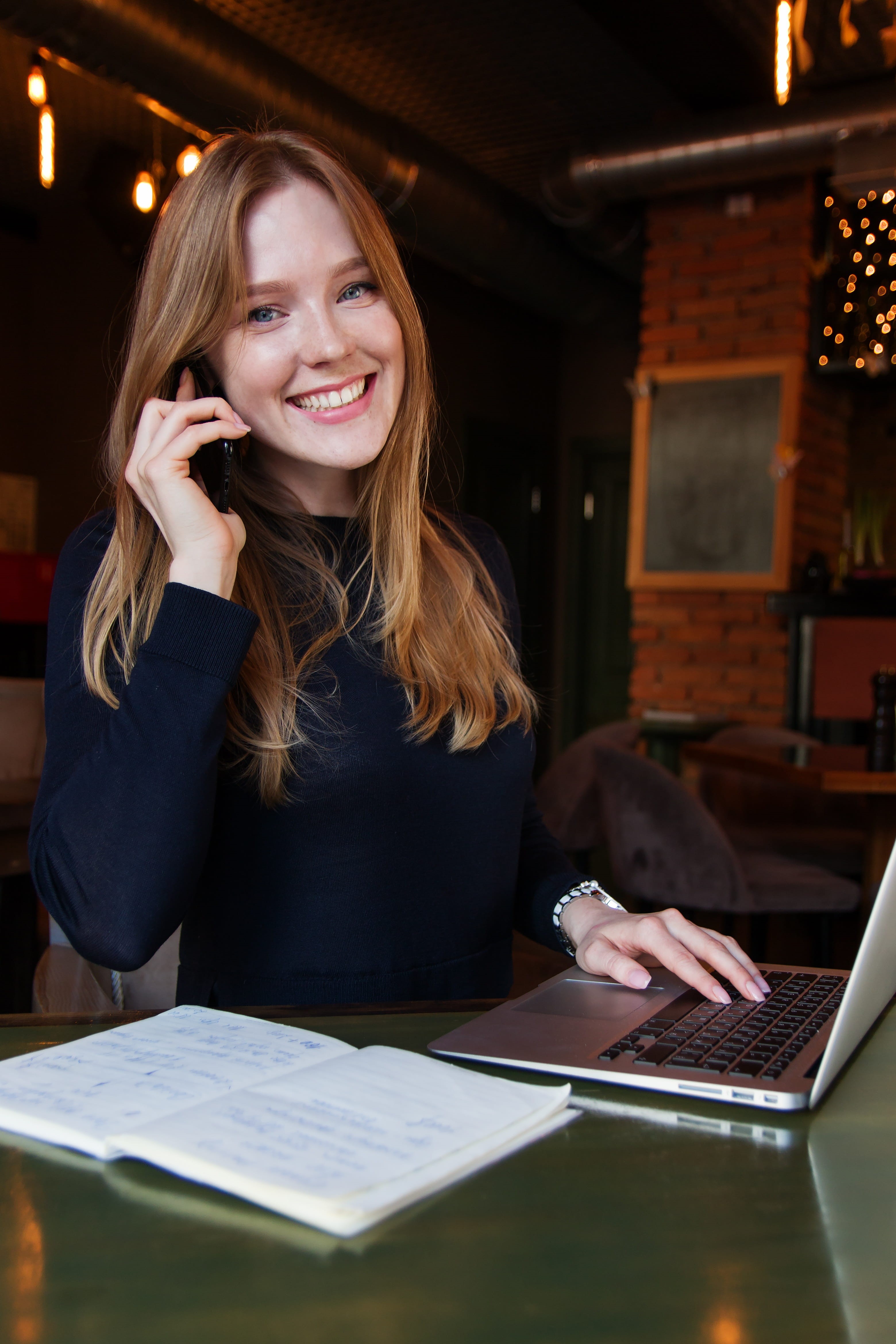business lady, laptop, phone, long hair, the success of the, wireless technology, smile, using phone, front view, advice, computer, indoors, happiness, Phone HD Wallpaper