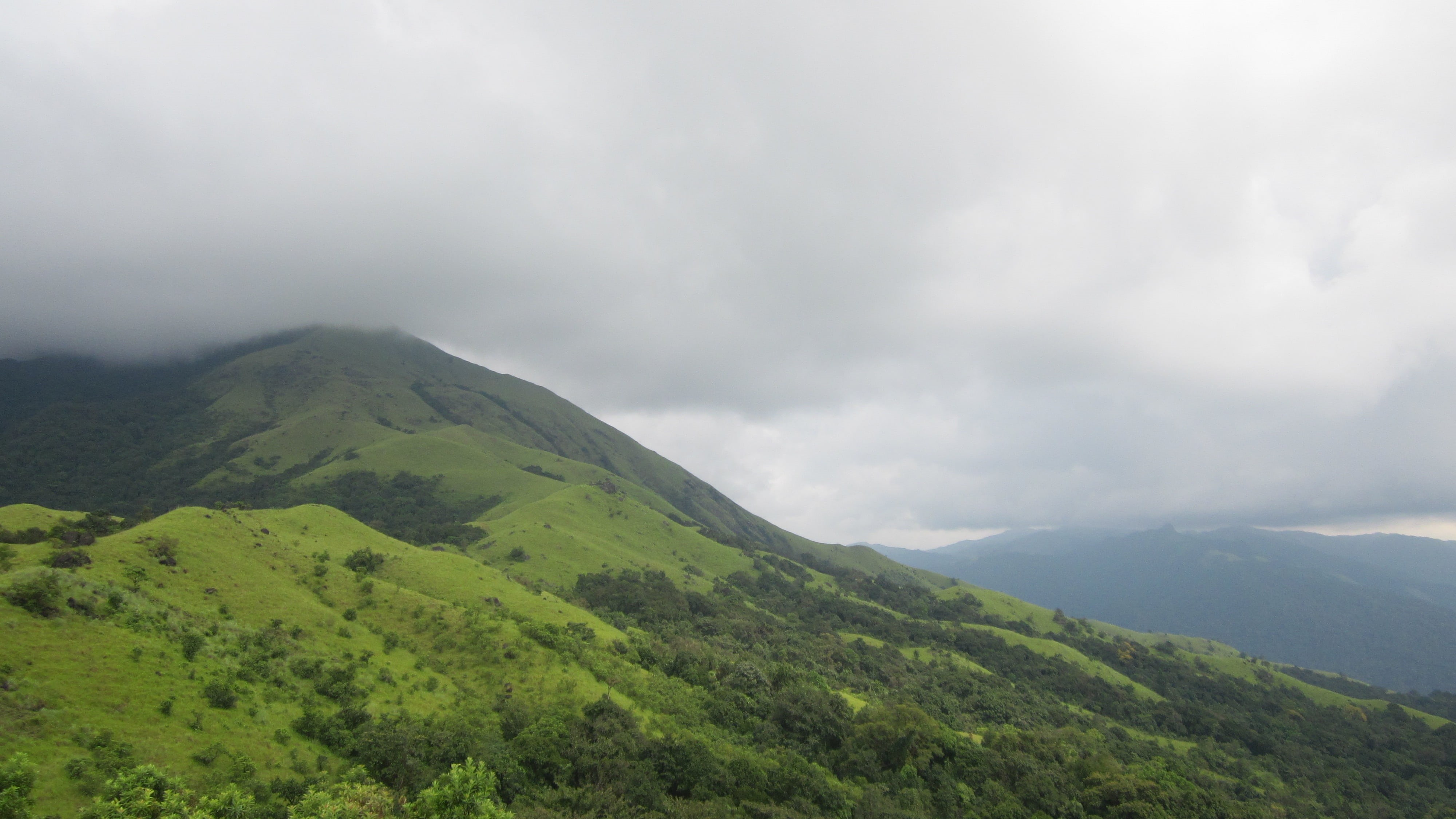 torrential rain, non-urban scene, ghats, landscape, sky, thunderstorm, kukke, mountain, cloud - sky, scenics - nature, no people, 4K, plant, overcast, HD Wallpaper