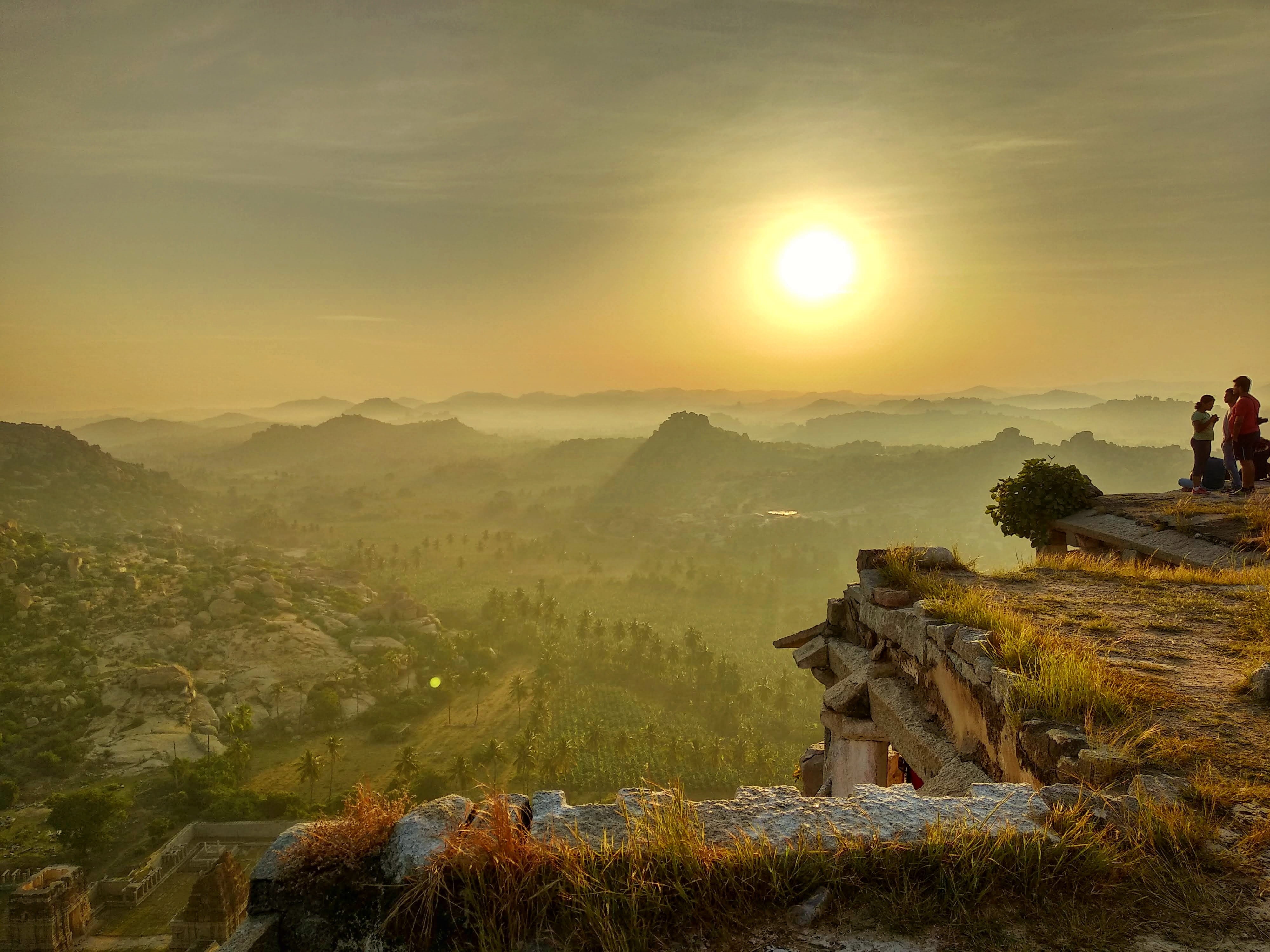 sky, tree, mountain range, sunlight, flare, tranquil scene, human, landscape, art, india, green, light, building, outdoors, religion, scenics - nature, HD Wallpaper