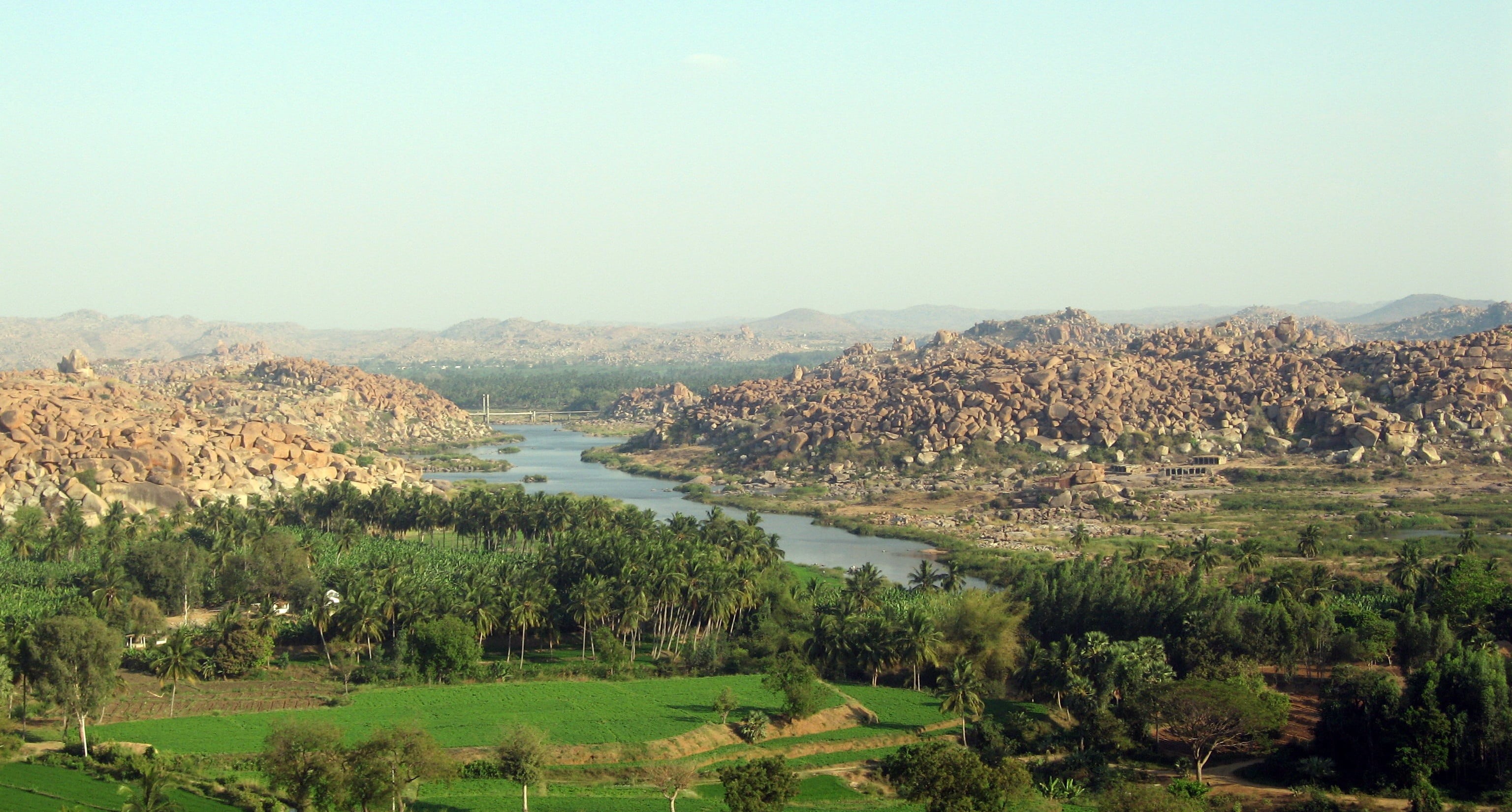 2K, india, hampi, water, environment, tranquility, sky, tree, hill, nature, mountain, tranquil scene, green color, landscape, view, no people, temple, HD Wallpaper