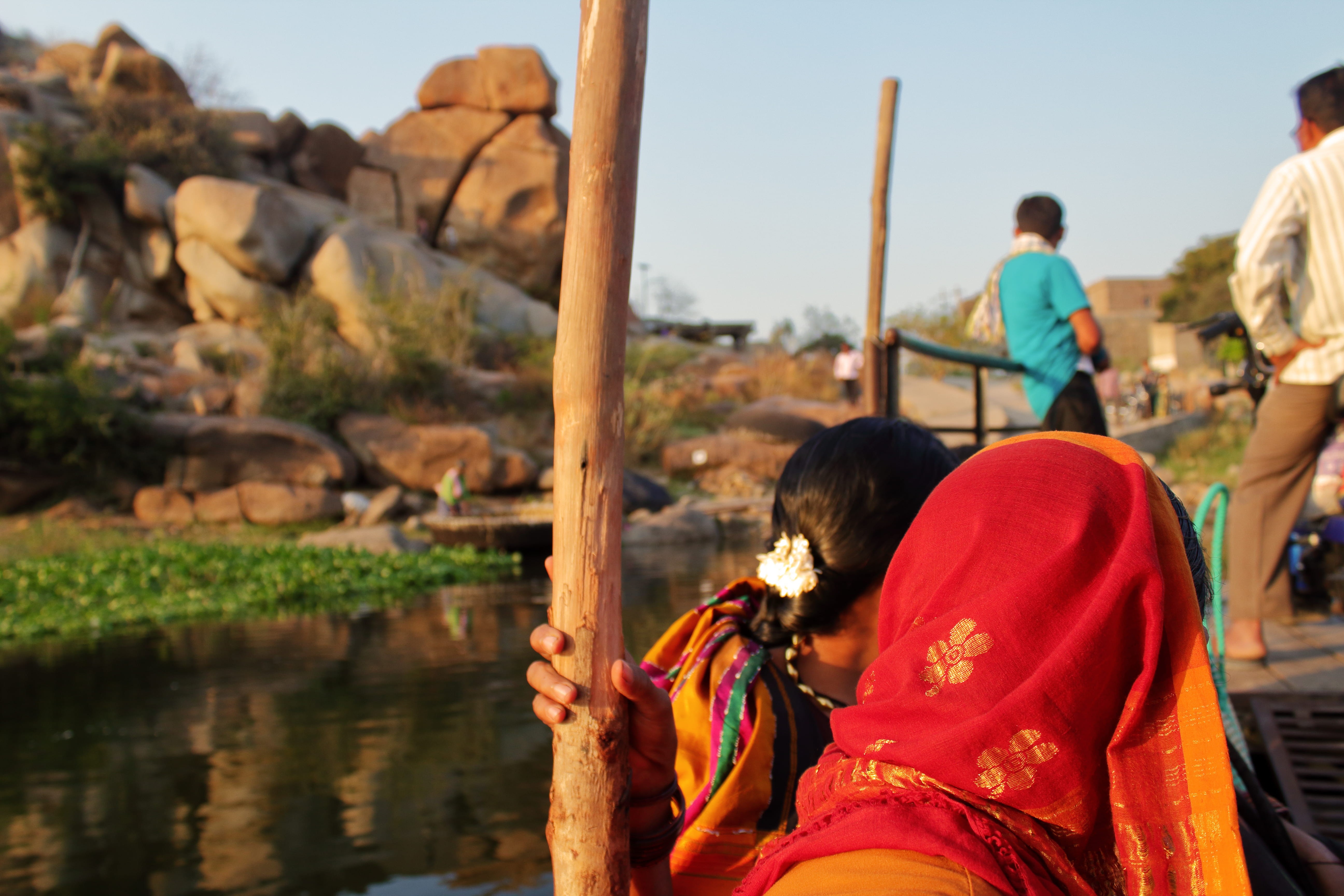 hampi, focus on foreground, water, 5K, incidental people, lifestyles, rear view, simple life, lake, togetherness, day, men, sitting, couple - relationship, HD Wallpaper